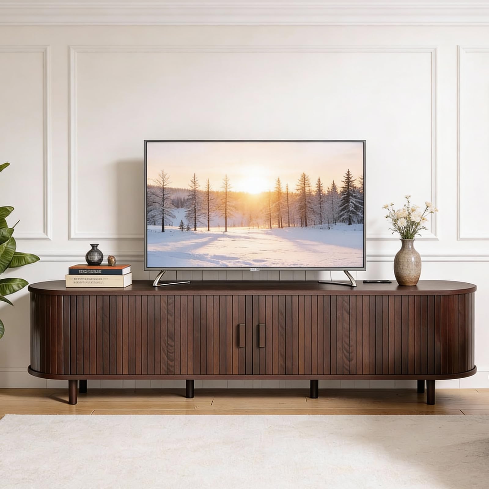 OneBlis 70" Mid Century Modern TV Stand, Wood TV Consoles with Sliding Doors and Power Outlet, Entertainment Center with Adjustable Shelves, Fluted TV Stands for Living Room, Walnut Gronata
