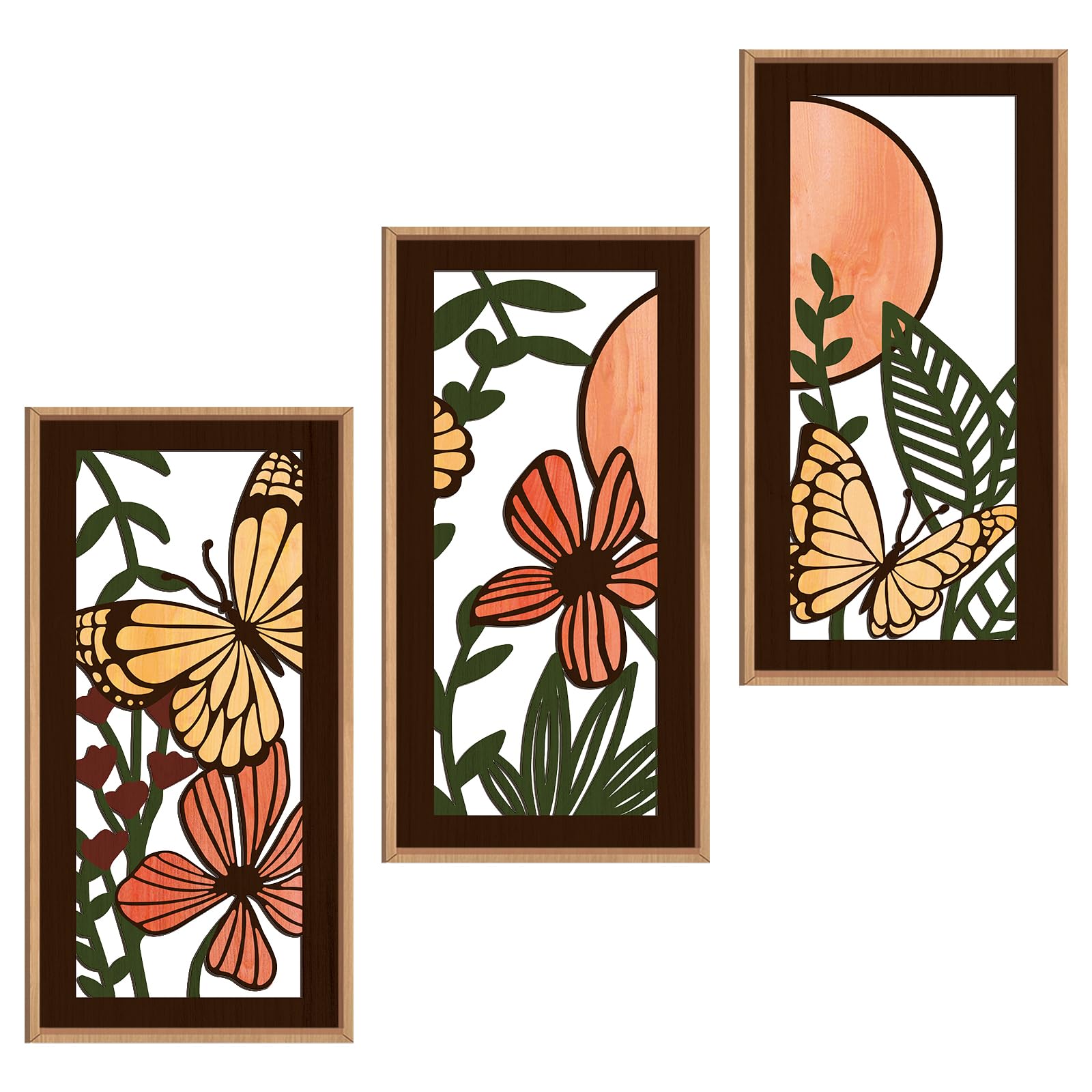 IARTTOP Large Boho Mid-century Modern Wood Wall Art 16x32 Inch Framed Green Abstract Leaf Wooden Wall Decor Bohemian Minimalist Geometric Wall Art Decor for Bedroom Living Room Office Set of 3 Gronata