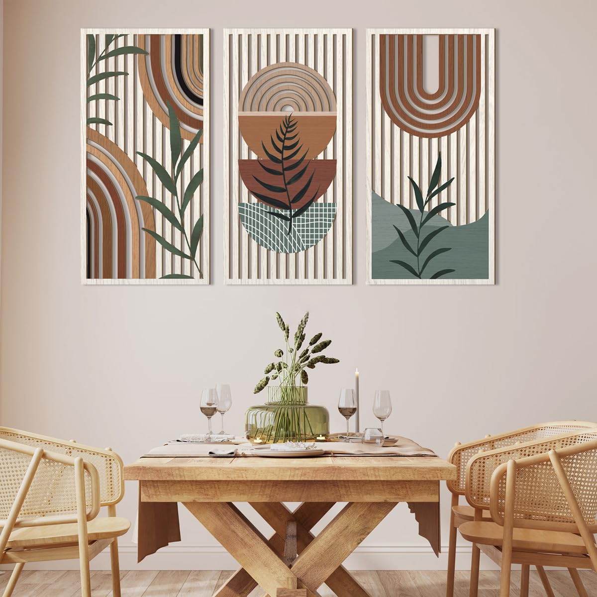 IARTTOP Large Boho Mid-century Modern Wood Wall Art 16x32 Inch Framed Green Abstract Leaf Wooden Wall Decor Bohemian Minimalist Geometric Wall Art Decor for Bedroom Living Room Office Set of 3 Gronata