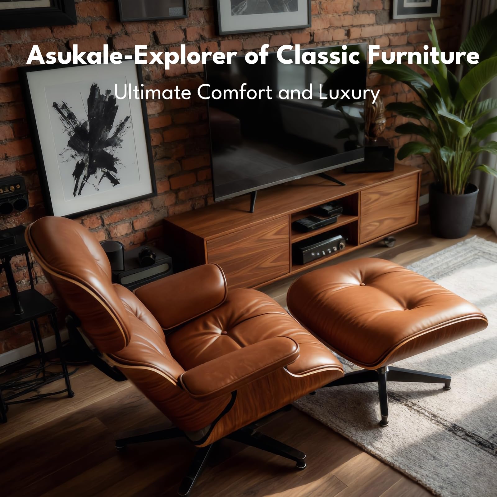 Asukale Top Grain Leather, Mid Century Chaise Lounge Chair and Ottoman, Modern Chair Classic Design, Heavy Duty Base Support for Living Room Study Lounge Office, Palisander-White Gronata