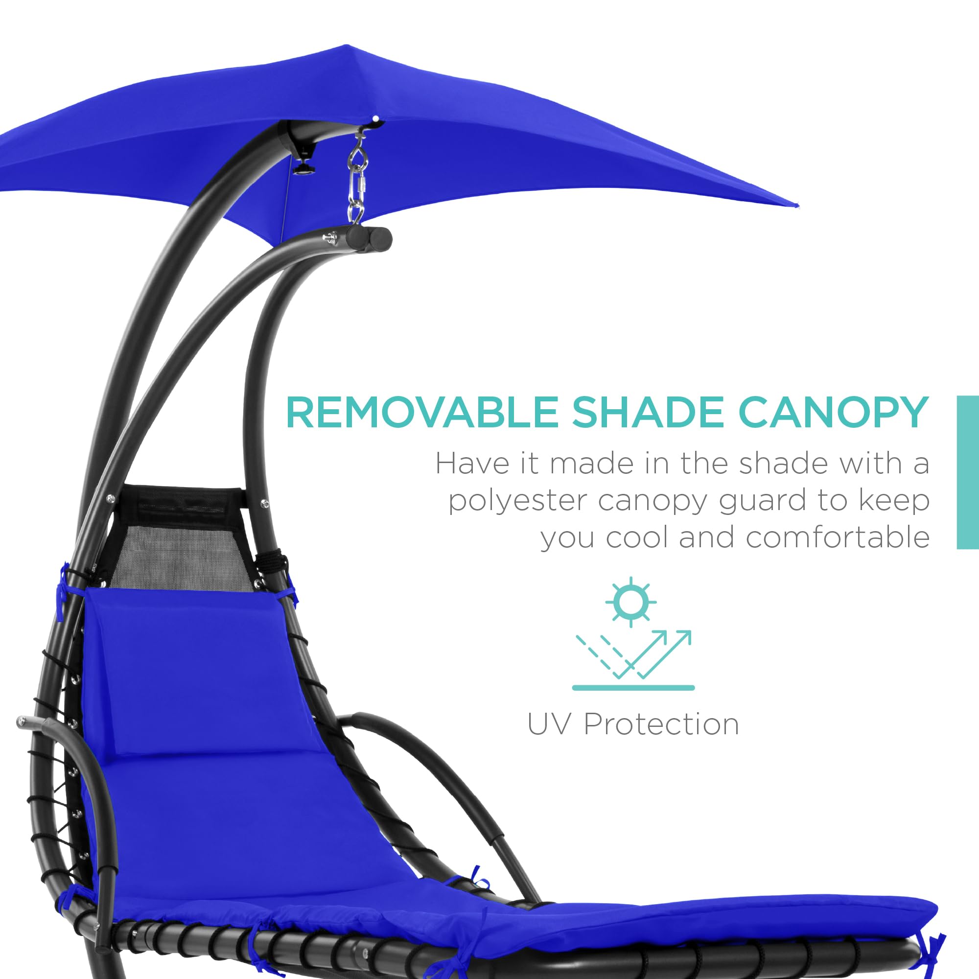 Best Choice Products Outdoor Hanging Curved Steel Chaise Lounge Chair Swing w/Built-in Pillow and Removable Canopy - Navy Blue Gronata