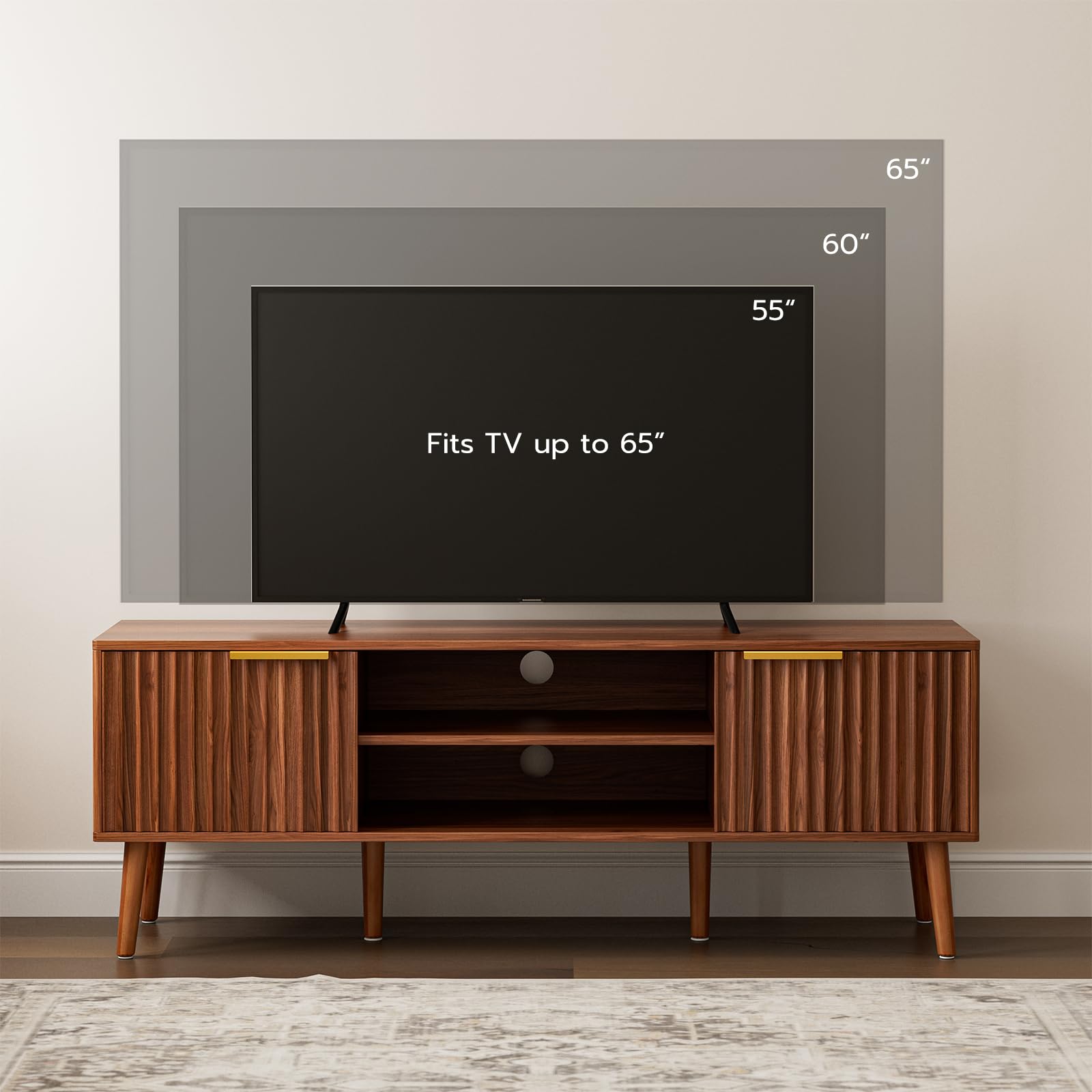 LCRBOL TV Stand for Living Room, Mid Century Modern Entertainment Center for 55/60 inch TVs, TV Console with Fluted Door Cabinets and Open Shelves, for Bedroom, Walnut Gronata