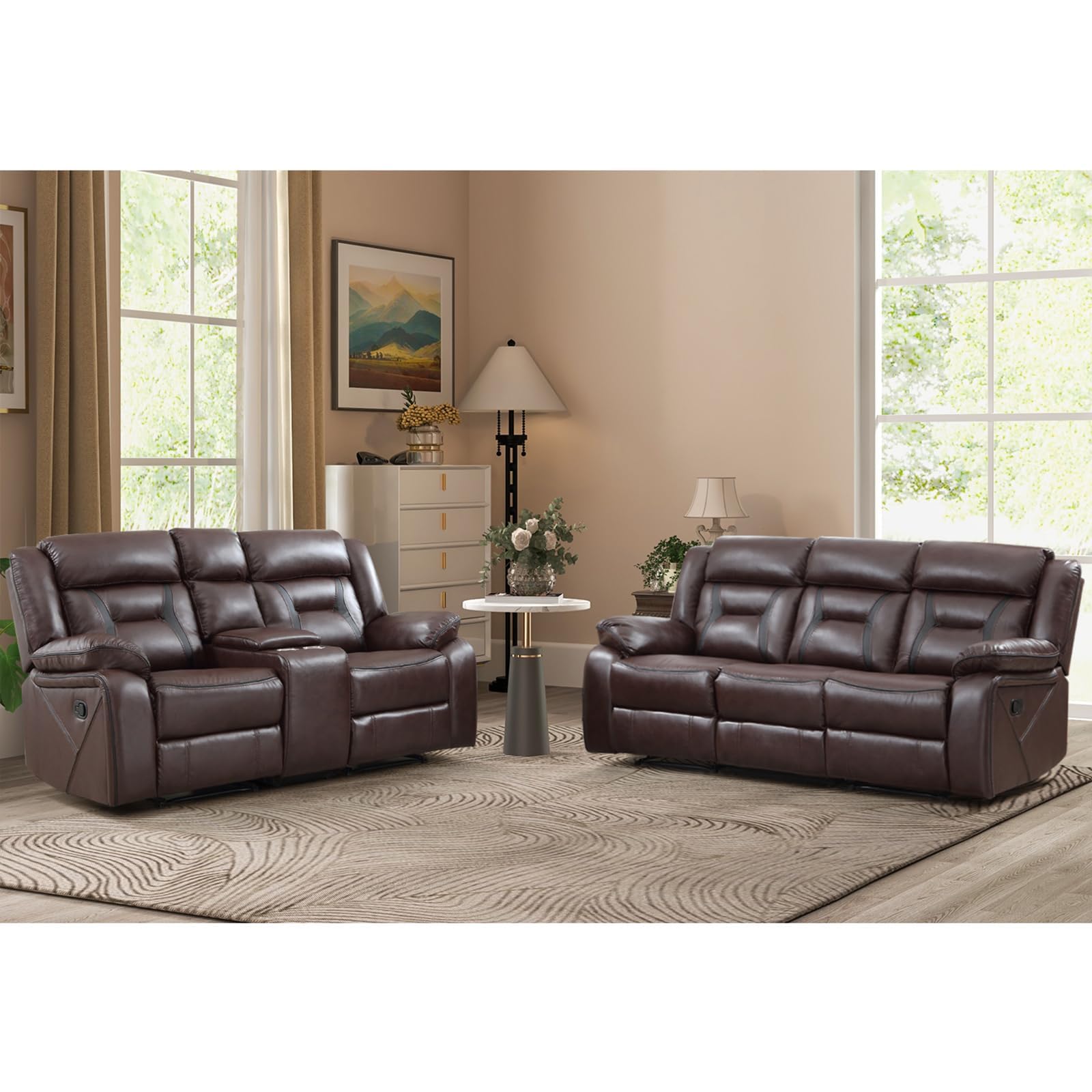 EBELLO Faux Leather Recliner Sofa Furniture Set for Living Room, 2 Recliner Chairs, 3 Seat Reclining Sofa Couch Set for Meeting Room, Brown Gronata