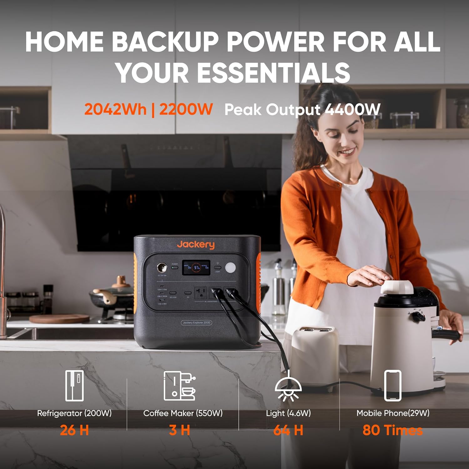 Jackery Explorer 2000 v2 Portable Power Station with AC Charging Cable, 2040Wh LFP Home Backup Battery, 2200W AC Output, Solar Generator for Emergencies, Power Outages, Camping(Solar Panel Optional) Gronata
