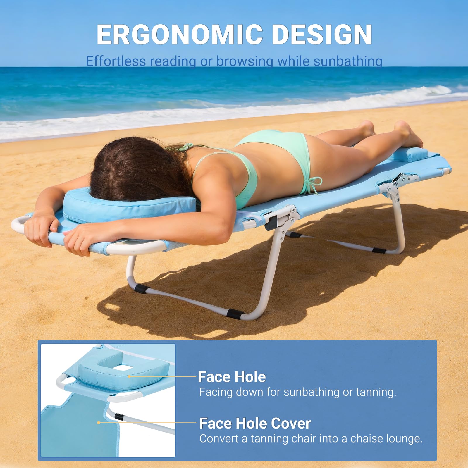 DoCred Heavy Duty Chaise Lounge Chair, Adjustable 5-Position Folding Chaise Lounge Chairs for Outside, Portable Lay Flat Beach Lounge Chair for Outdoor Sunbathing Beach Pool Lawn Camping Gronata
