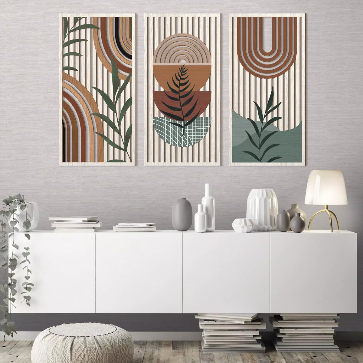 IARTTOP Large Boho Mid-century Modern Wood Wall Art 16x32 Inch Framed Green Abstract Leaf Wooden Wall Decor Bohemian Minimalist Geometric Wall Art Decor for Bedroom Living Room Office Set of 3 Gronata