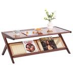 Tiita Rattan Coffee Table, Bamboo Accent Bedside Tables, Glass Nightstand Side Table, Boho Wooden End Table with Storage for Living Room,Living Room, Dining Room, Tea, Home Décor Gronata