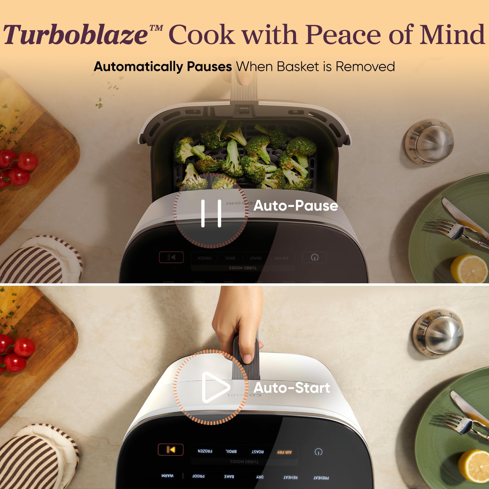 Cosori 9-in-1 TurboBlaze Air Fryer 6 Qt, PFAS-Free Ceramic Coating, 90°–450°F, Precise Heating for Even Results, Air Fry, Roast, Bake, Broil, Dry, Frozen, Proof, Reheat, Keep Warm, 120V, Dark Gray Gronata