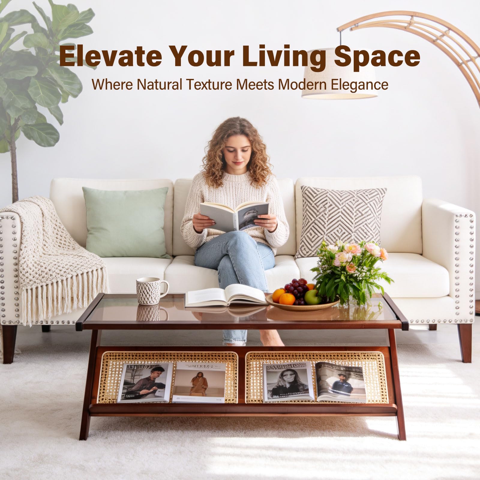 Tiita Rattan Coffee Table, Bamboo Accent Bedside Tables, Glass Nightstand Side Table, Boho Wooden End Table with Storage for Living Room,Living Room, Dining Room, Tea, Home Décor Gronata