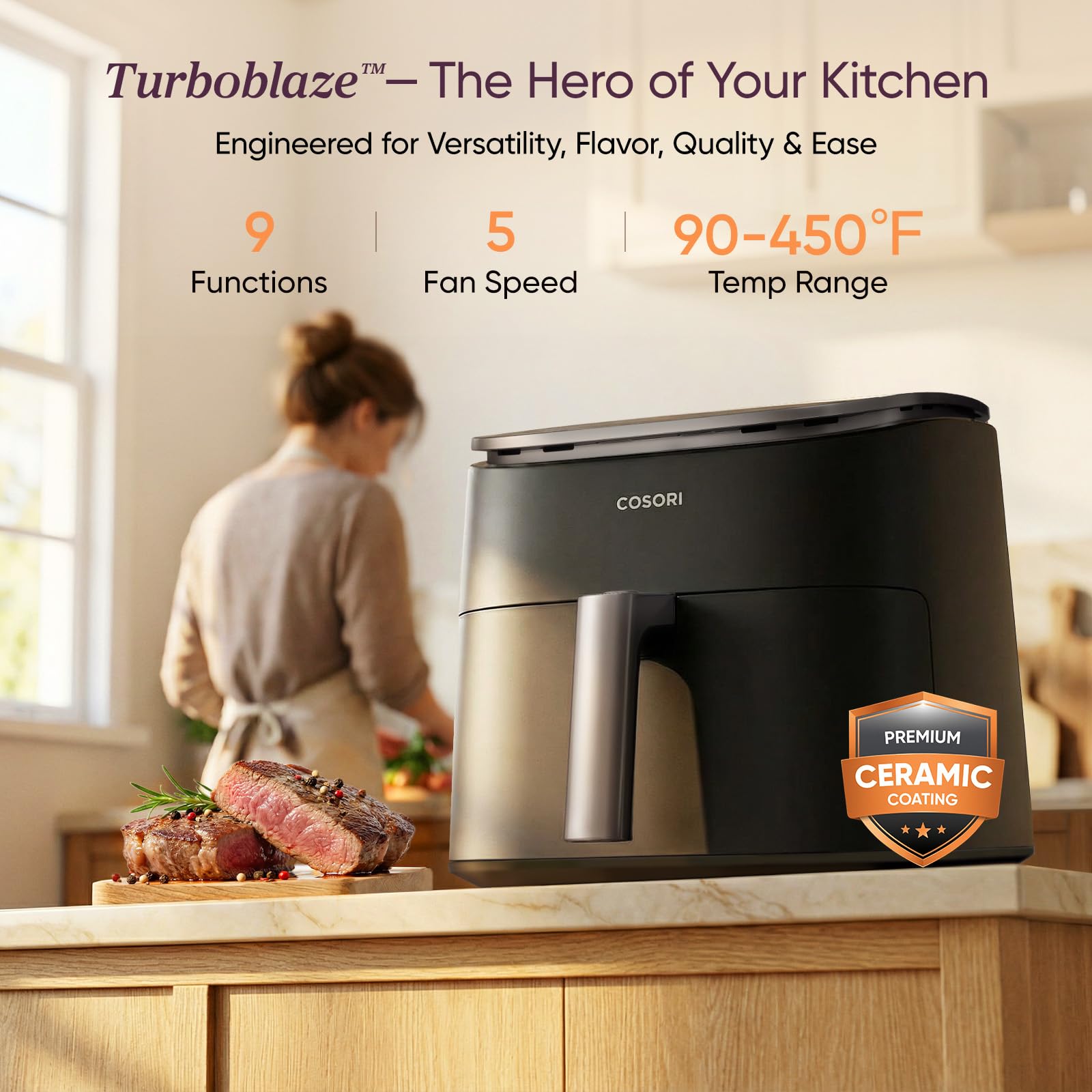 Cosori 9-in-1 TurboBlaze Air Fryer 6 Qt, PFAS-Free Ceramic Coating, 90°–450°F, Precise Heating for Even Results, Air Fry, Roast, Bake, Broil, Dry, Frozen, Proof, Reheat, Keep Warm, 120V, Dark Gray Gronata