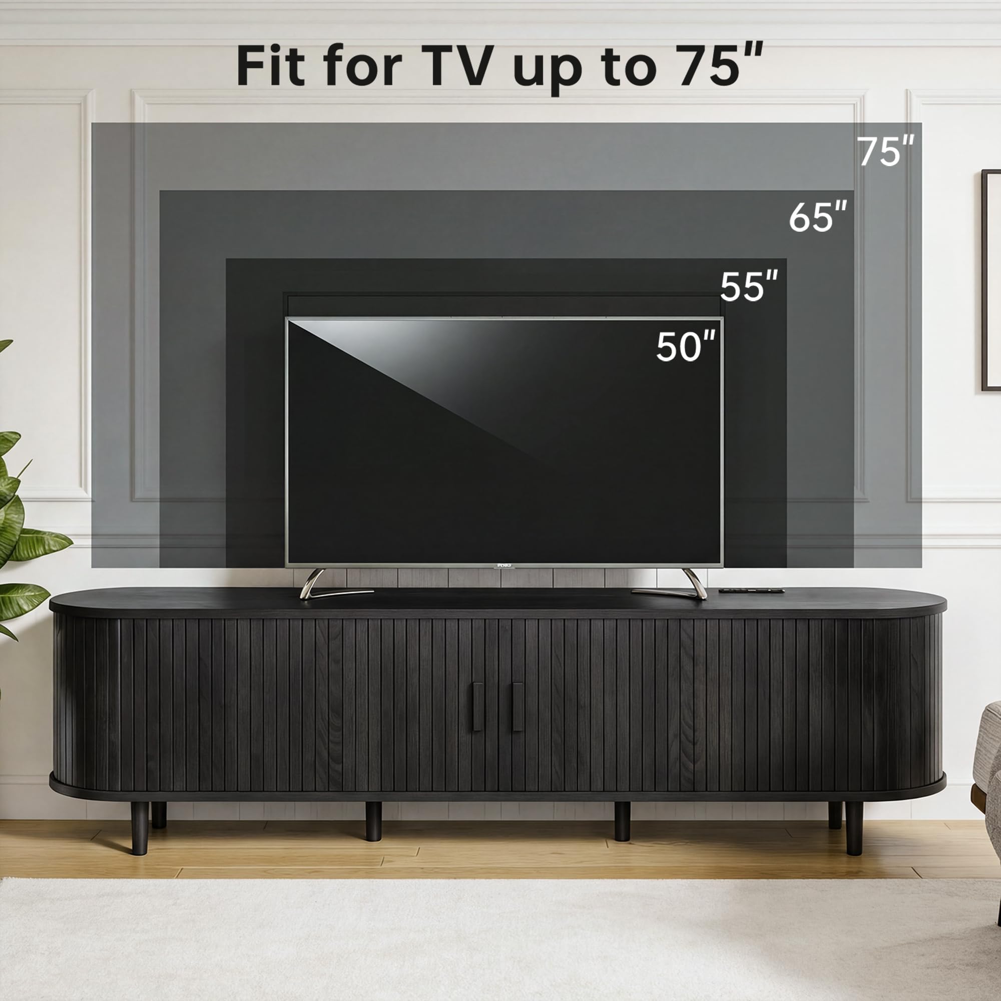 OneBlis 70" Mid Century Modern TV Stand, Wood TV Consoles with Sliding Doors and Power Outlet, Entertainment Center with Adjustable Shelves, Fluted TV Stands for Living Room, Walnut Gronata