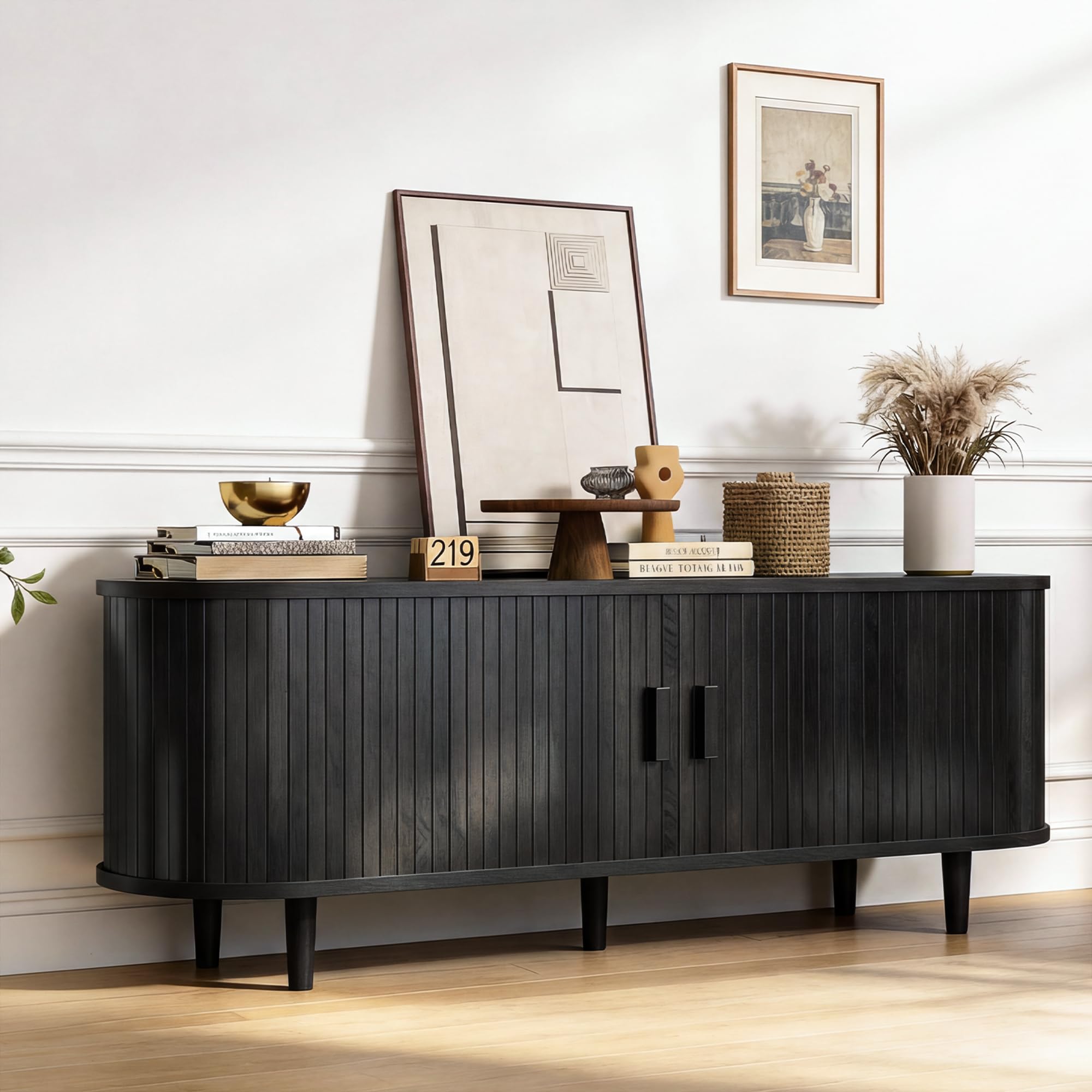 OneBlis 70" Mid Century Modern TV Stand, Wood TV Consoles with Sliding Doors and Power Outlet, Entertainment Center with Adjustable Shelves, Fluted TV Stands for Living Room, Walnut Gronata