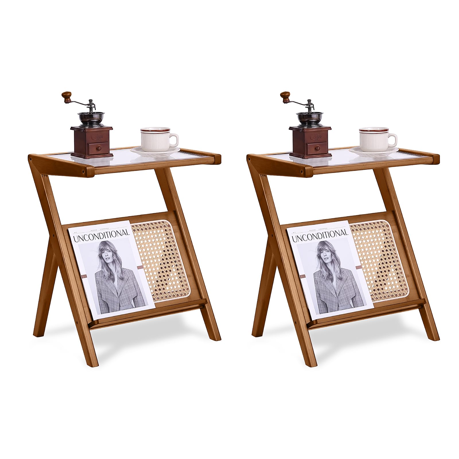 Tiita Rattan Coffee Table, Bamboo Accent Bedside Tables, Glass Nightstand Side Table, Boho Wooden End Table with Storage for Living Room,Living Room, Dining Room, Tea, Home Décor Gronata