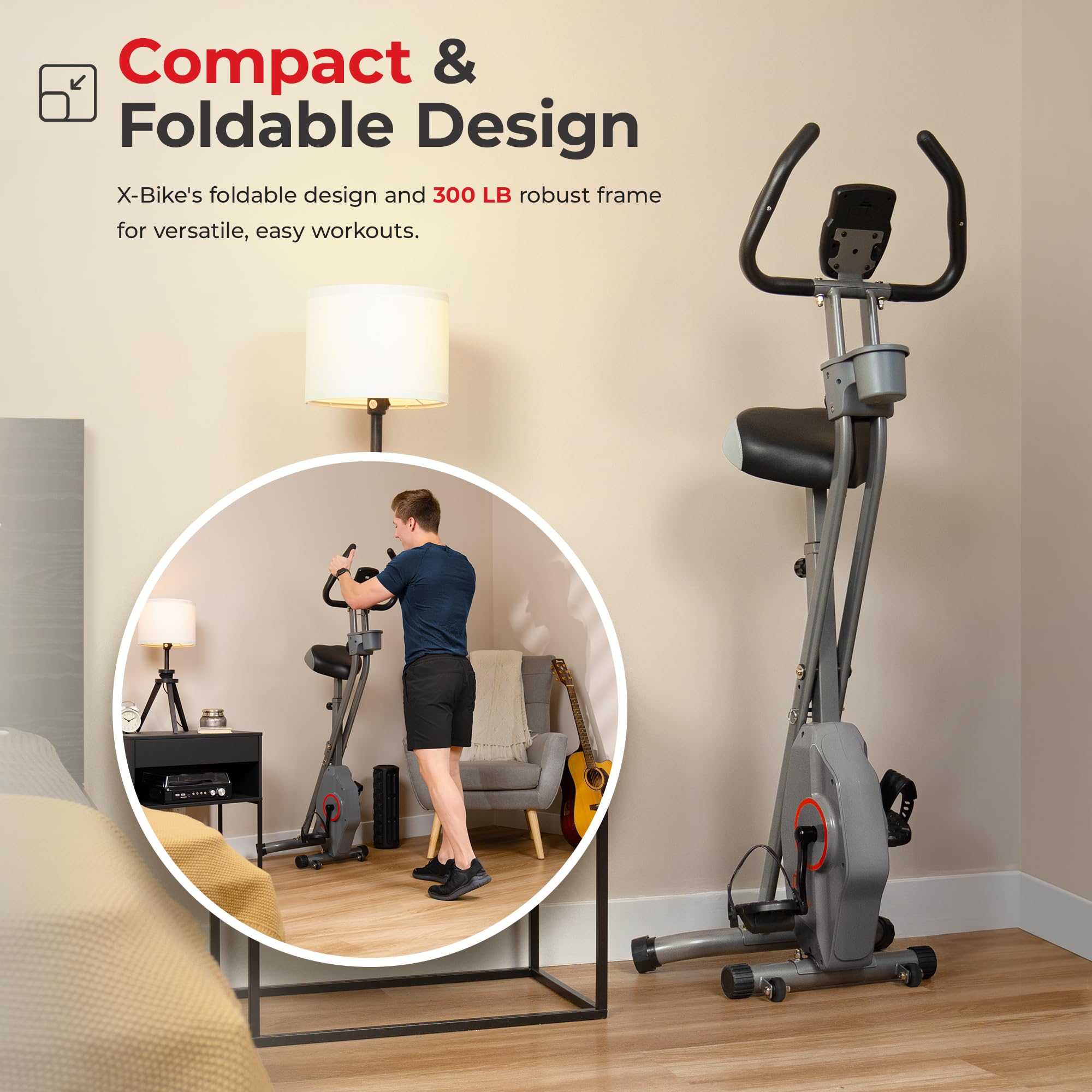 Sunny Health & Fitness Foldable Magnetic Stationary Exercise X-Bike Pro, 300 LB Capacity, Low-Impact, 14-Level Resistance, Ergonomic Support, SunnyFit App Enhanced Connectivity - SF-B223012 Gronata