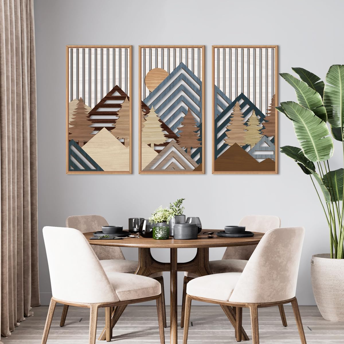 IARTTOP Large Boho Mid-century Modern Wood Wall Art 16x32 Inch Framed Green Abstract Leaf Wooden Wall Decor Bohemian Minimalist Geometric Wall Art Decor for Bedroom Living Room Office Set of 3 Gronata
