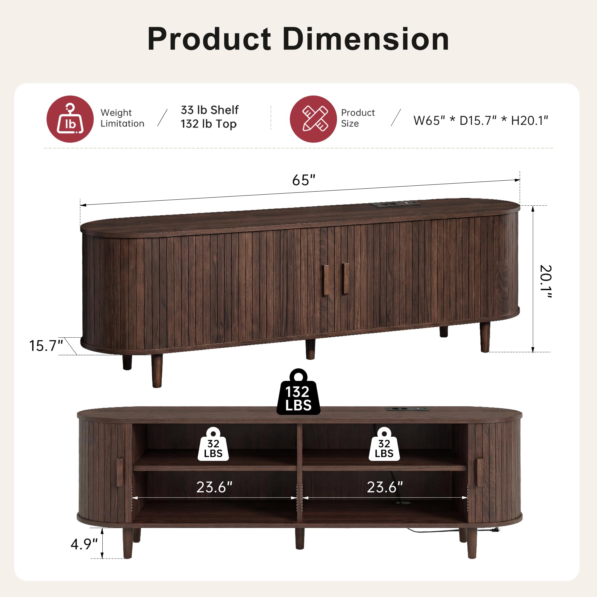 OneBlis 70" Mid Century Modern TV Stand, Wood TV Consoles with Sliding Doors and Power Outlet, Entertainment Center with Adjustable Shelves, Fluted TV Stands for Living Room, Walnut Gronata