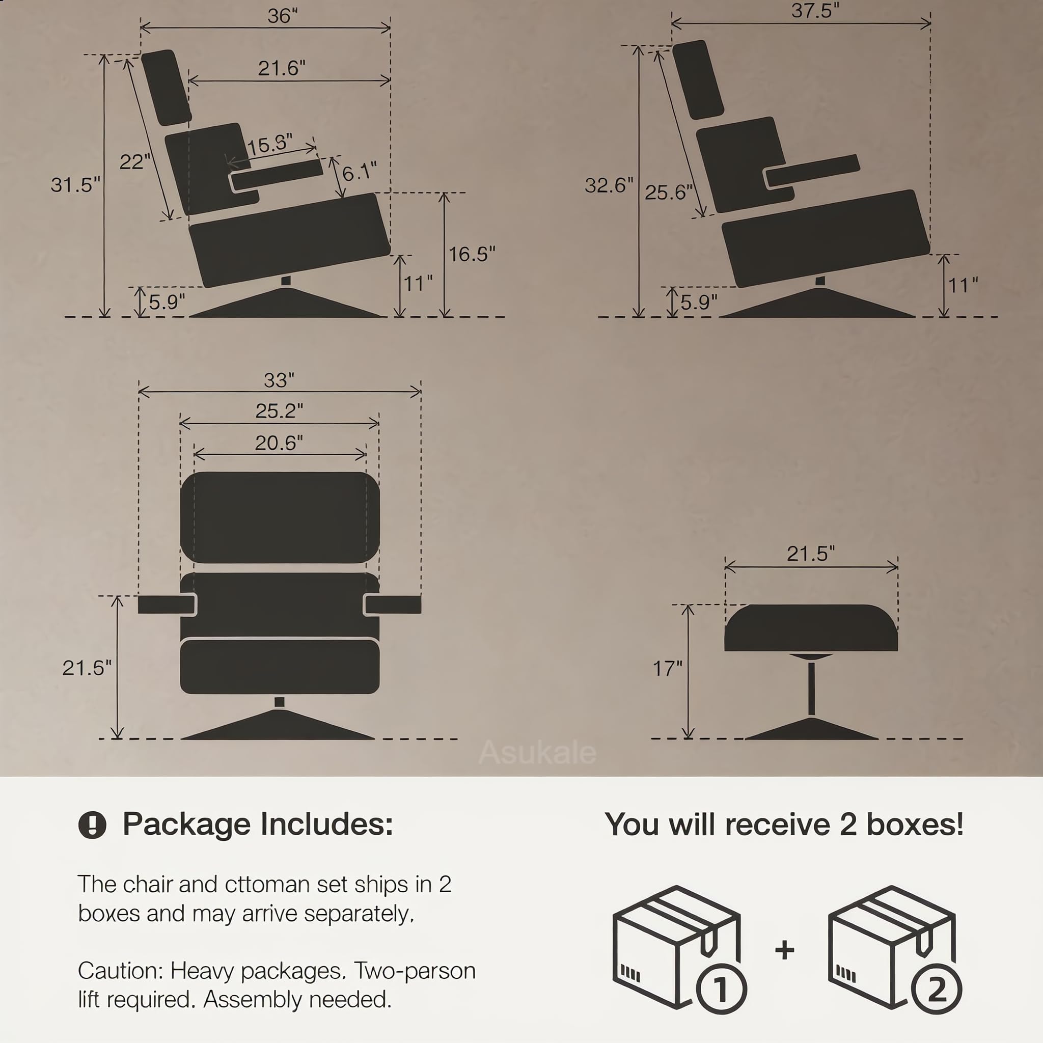 Asukale Top Grain Leather, Mid Century Chaise Lounge Chair and Ottoman, Modern Chair Classic Design, Heavy Duty Base Support for Living Room Study Lounge Office, Palisander-White Gronata