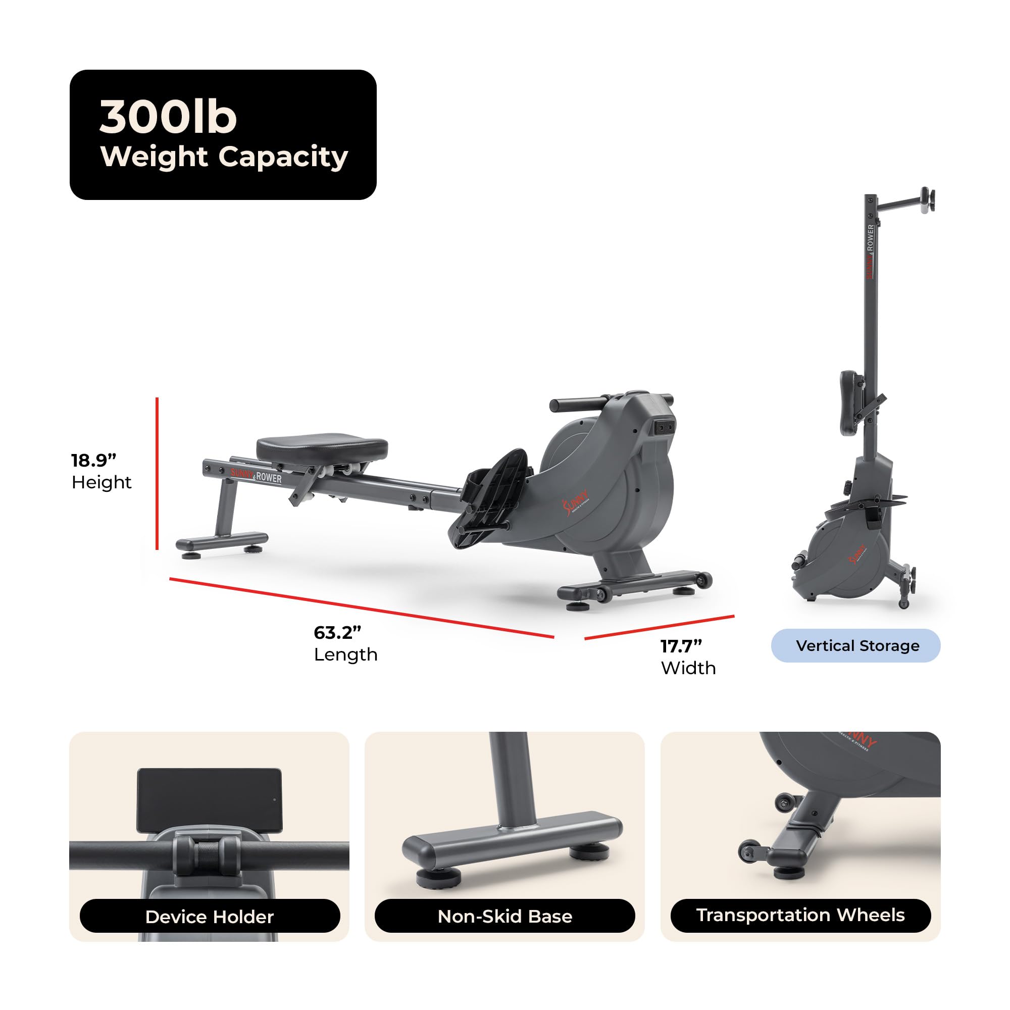 Sunny Health & Fitness Flip & Foldable Rowing Machine for Home w/Extended Slide Rail, Full-Body Workout, Low-Impact, Optional Extra Long Rail, Quiet Rail Cover, Water Motion and Free SunnyFit App Gronata