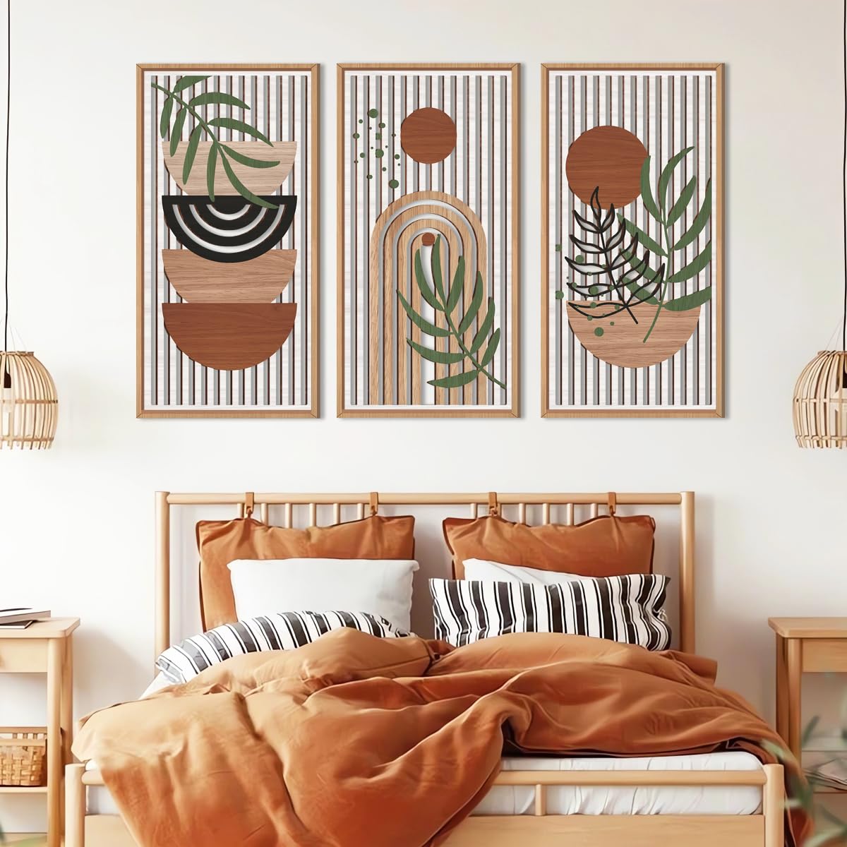 IARTTOP Large Boho Mid-century Modern Wood Wall Art 16x32 Inch Framed Green Abstract Leaf Wooden Wall Decor Bohemian Minimalist Geometric Wall Art Decor for Bedroom Living Room Office Set of 3 Gronata