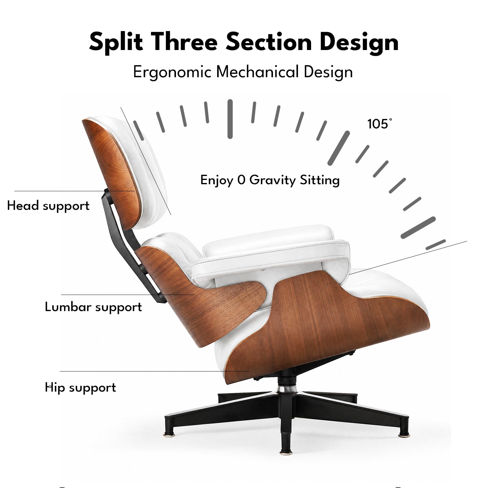 Asukale Top Grain Leather, Mid Century Chaise Lounge Chair and Ottoman, Modern Chair Classic Design, Heavy Duty Base Support for Living Room Study Lounge Office, Palisander-White Gronata