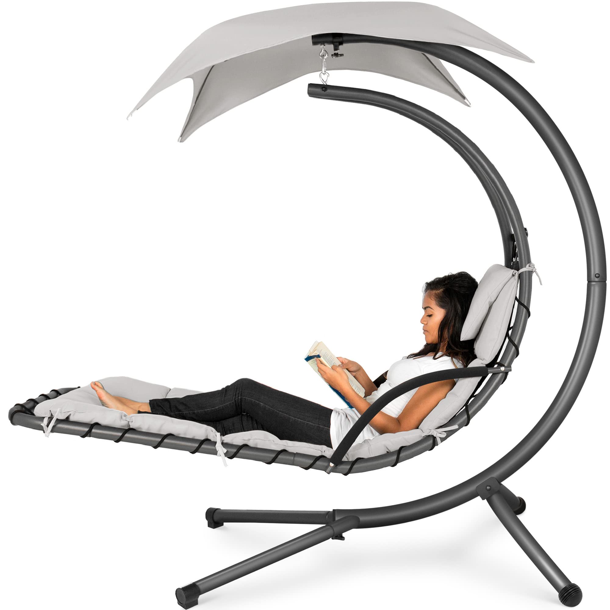 Best Choice Products Outdoor Hanging Curved Steel Chaise Lounge Chair Swing w/Built-in Pillow and Removable Canopy - Navy Blue Gronata