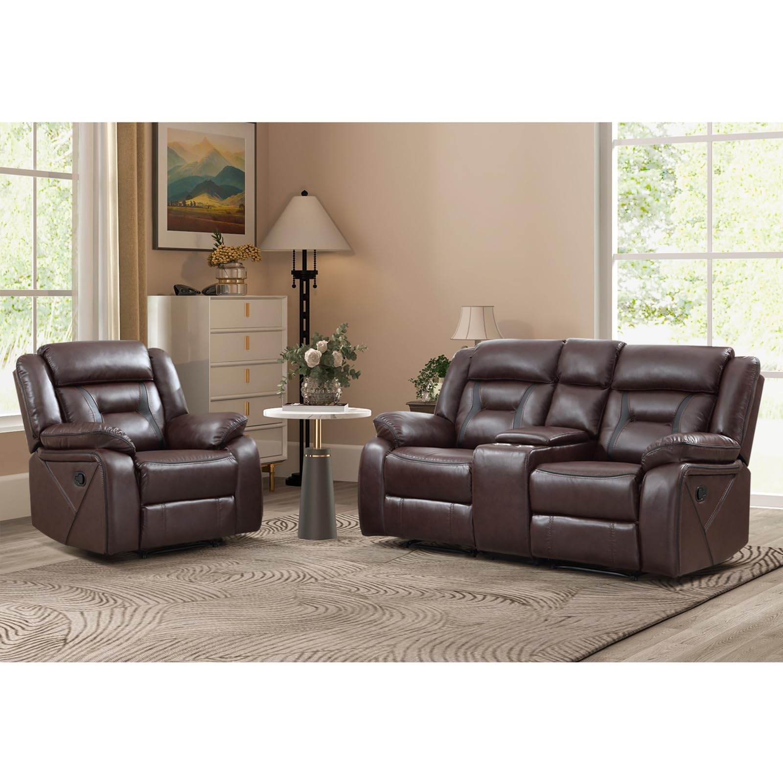 EBELLO Faux Leather Recliner Sofa Furniture Set for Living Room, 2 Recliner Chairs, 3 Seat Reclining Sofa Couch Set for Meeting Room, Brown Gronata