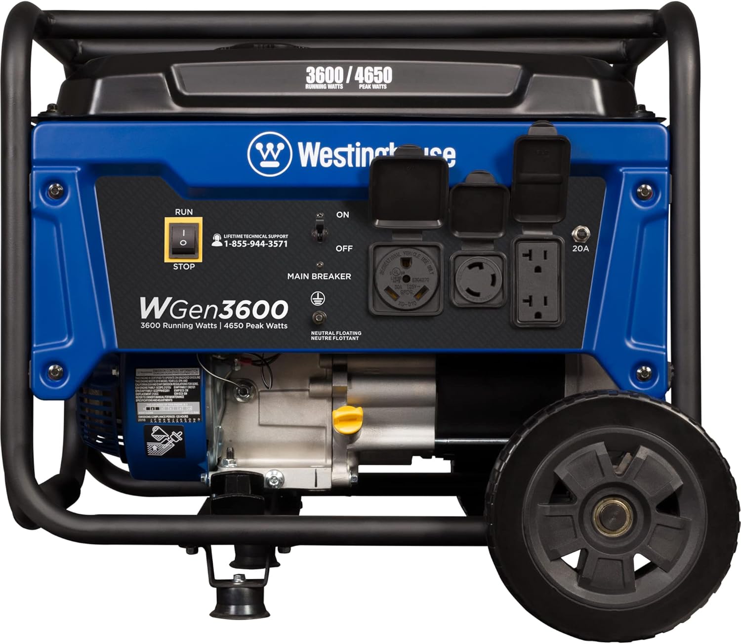 Westinghouse WGen3600 Portable Generator, 4650 Peak Watts & 3600 Rated Watts, RV Ready 30A Outlet, Wheel & Handle Kit, Gas Powered Gronata