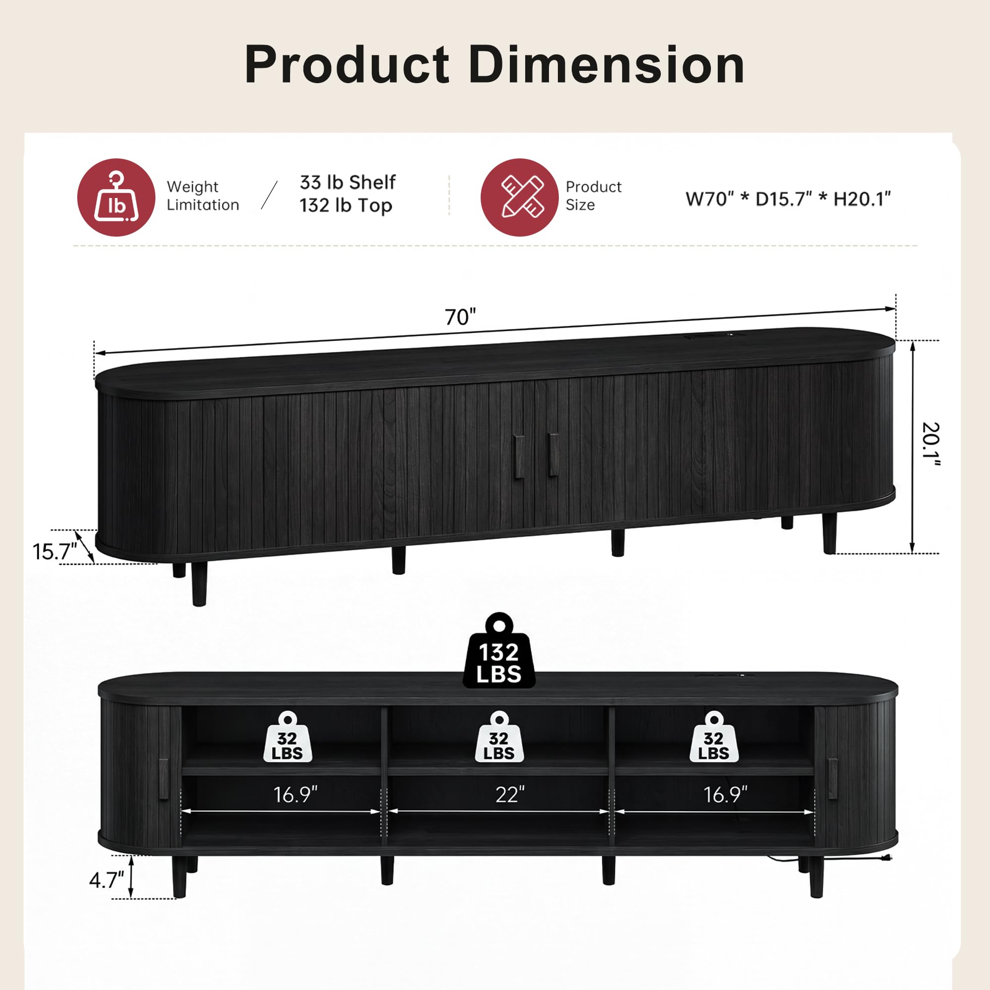 OneBlis 70" Mid Century Modern TV Stand, Wood TV Consoles with Sliding Doors and Power Outlet, Entertainment Center with Adjustable Shelves, Fluted TV Stands for Living Room, Walnut Gronata