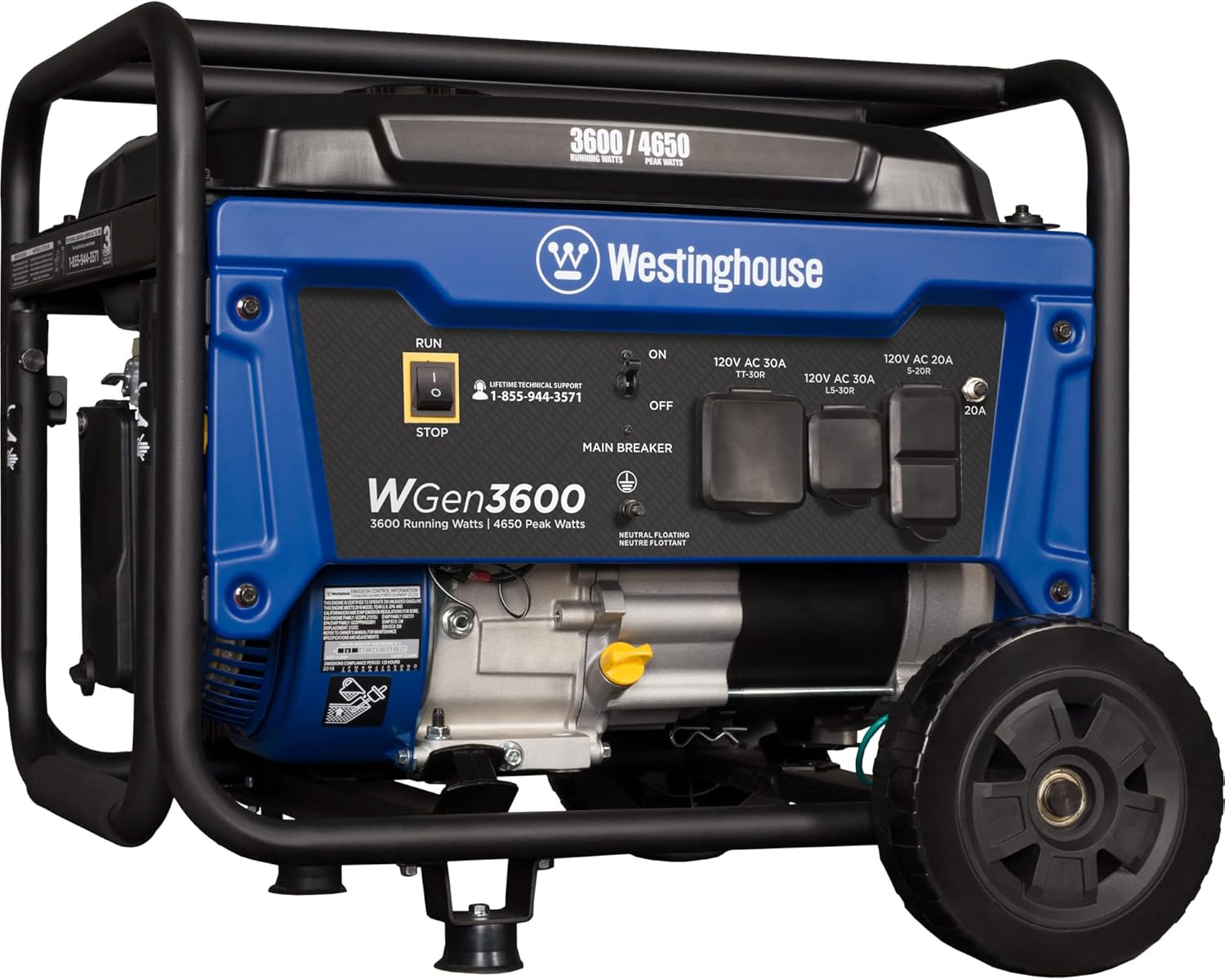 Westinghouse WGen3600 Portable Generator, 4650 Peak Watts & 3600 Rated Watts, RV Ready 30A Outlet, Wheel & Handle Kit, Gas Powered Gronata