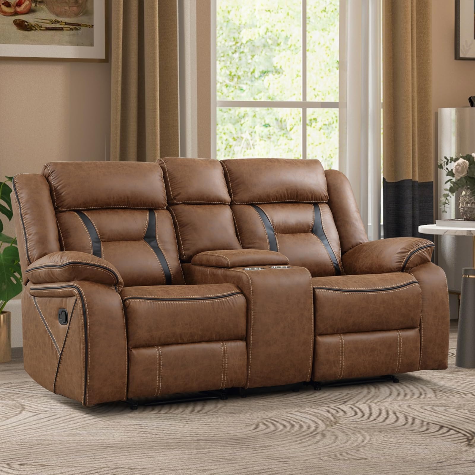 EBELLO Faux Leather Recliner Sofa Furniture Set for Living Room, 2 Recliner Chairs, 3 Seat Reclining Sofa Couch Set for Meeting Room, Brown Gronata