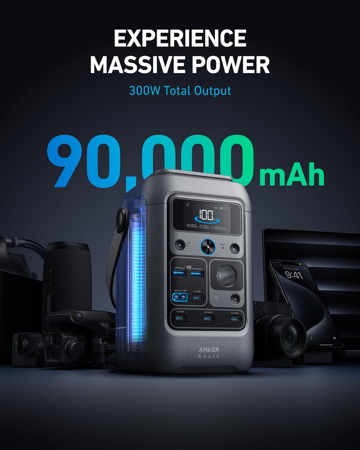 Anker SOLIX C300 DC Power Bank Station and 60W Solar Panel, 288Wh Portable Power Station, LiFePO4 Battery, 300W Solar Generator, for Outdoor, Camping, Traveling, and Emergencies Gronata