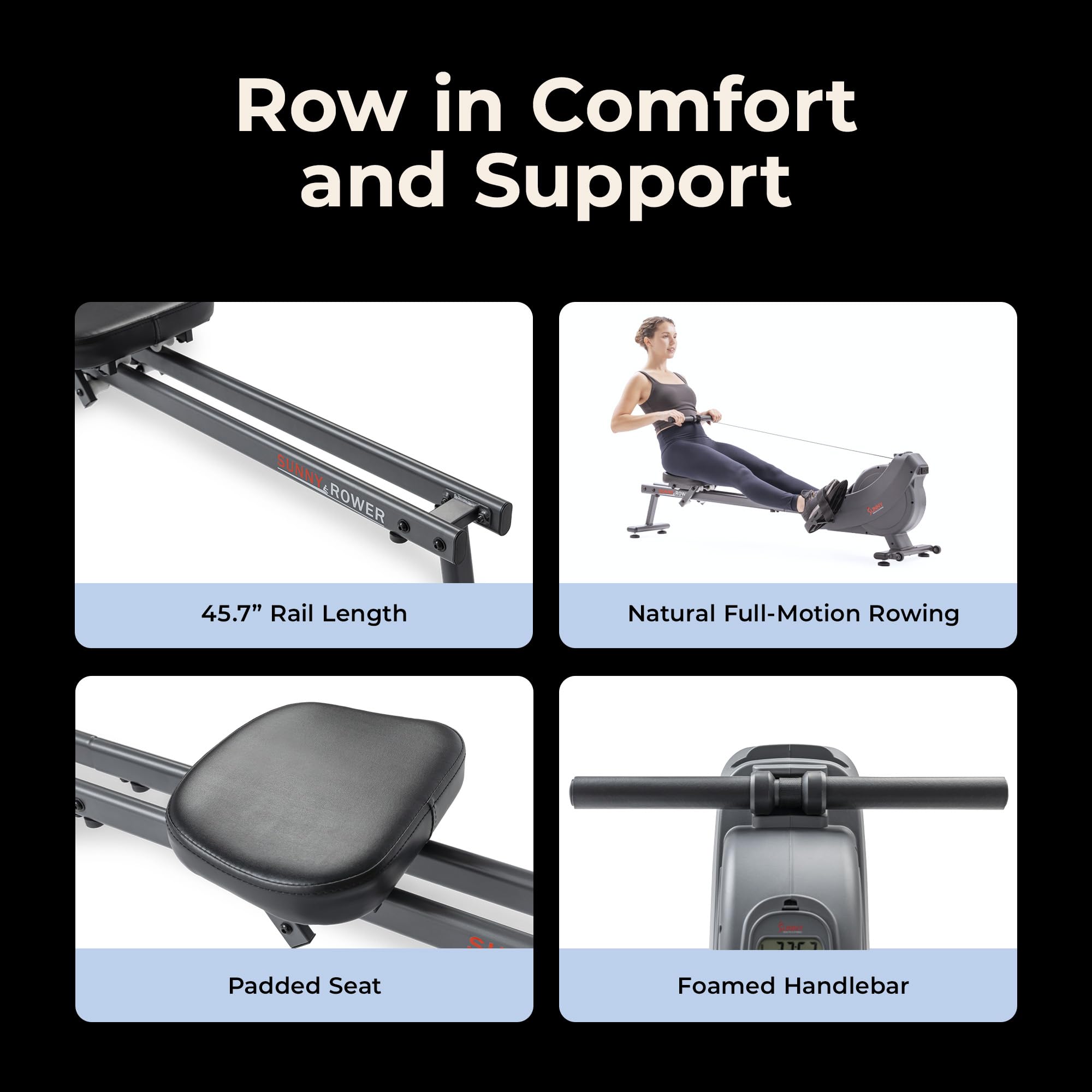 Sunny Health & Fitness Flip & Foldable Rowing Machine for Home w/Extended Slide Rail, Full-Body Workout, Low-Impact, Optional Extra Long Rail, Quiet Rail Cover, Water Motion and Free SunnyFit App Gronata