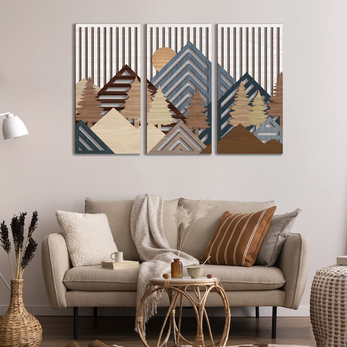 IARTTOP Large Boho Mid-century Modern Wood Wall Art 16x32 Inch Framed Green Abstract Leaf Wooden Wall Decor Bohemian Minimalist Geometric Wall Art Decor for Bedroom Living Room Office Set of 3 Gronata