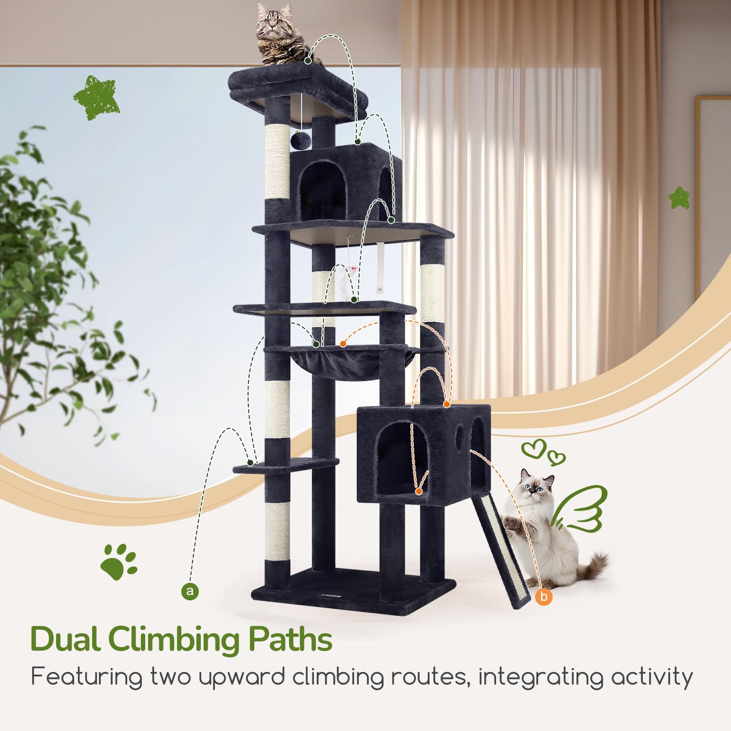 Globlazer Heavy Duty Cat Tree, 70 inch Sturdy Cat Tree for Indoor Cats Extra Large Cat Tower with Scratching Post, Hammock, Cat Condo for Adult Cats Kittens, F70 Pro, Light Grey Gronata