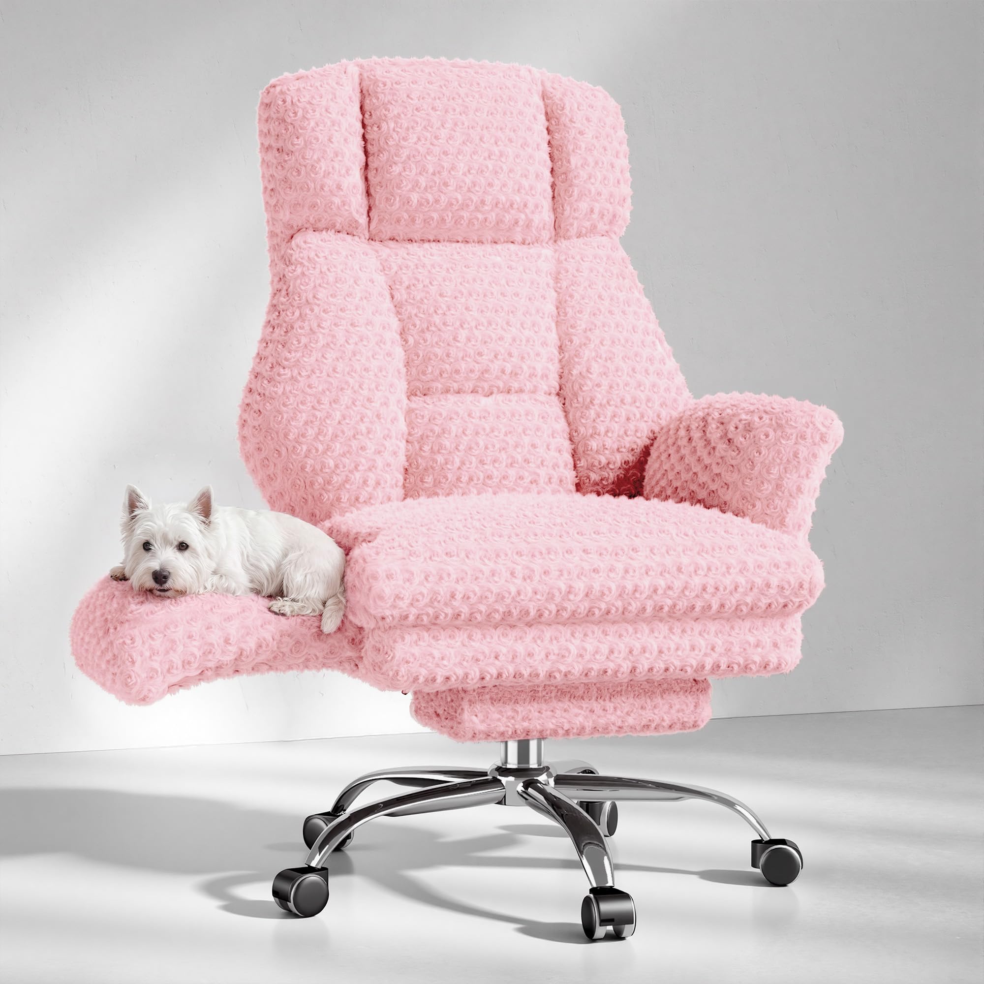 Big and Tall Office Chair, Flip Armrests for Pets & Cross Legged Sitting, Executive Ergonomic Computer Gaming Chair with Foot Rest, Teddy Fleece Wide Seat Reclining Desk Chair, White Vanity Chair Gronata