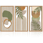 IARTTOP Large Boho Mid-century Modern Wood Wall Art 16x32 Inch Framed Green Abstract Leaf Wooden Wall Decor Bohemian Minimalist Geometric Wall Art Decor for Bedroom Living Room Office Set of 3 Gronata