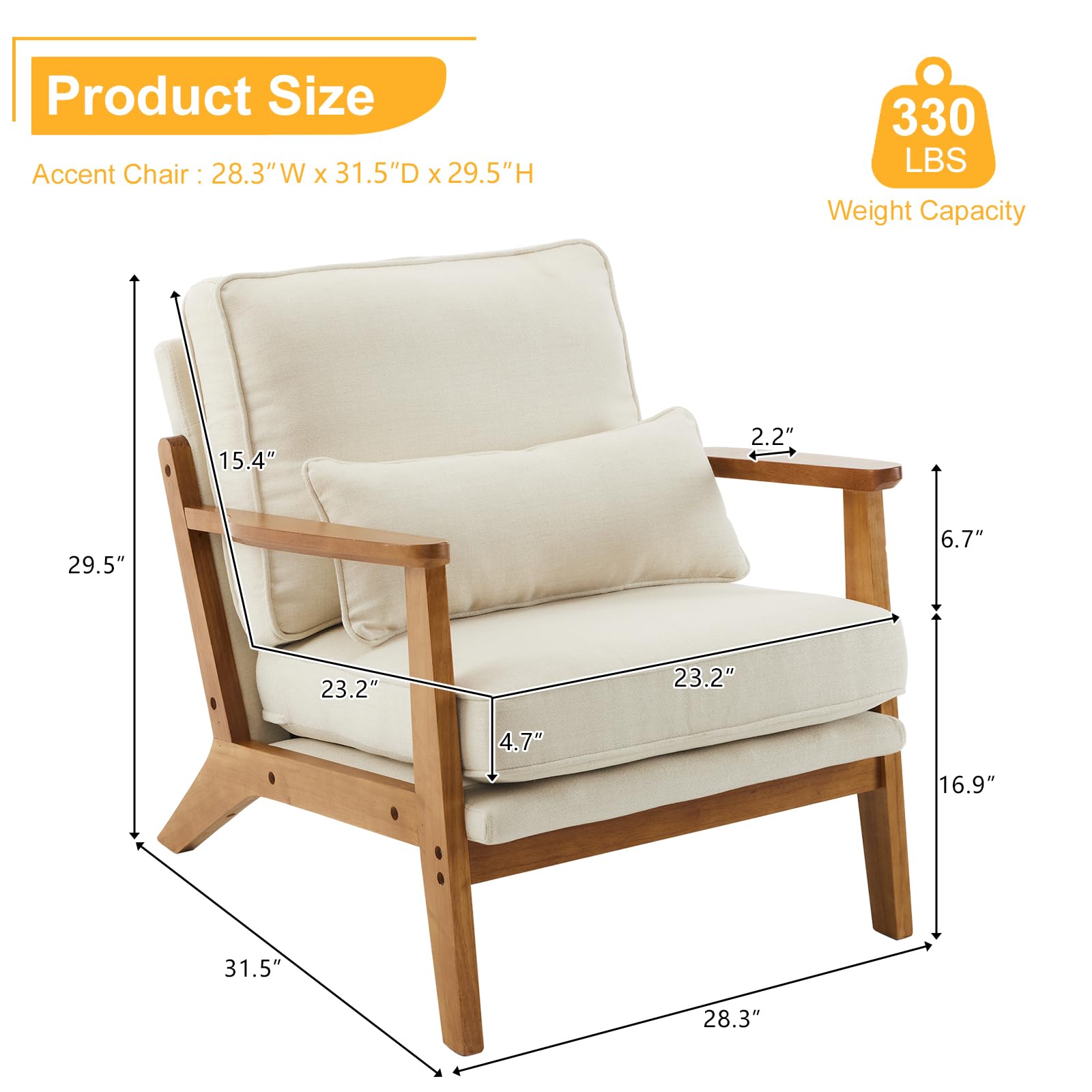 Karl home Accent Chair Wide Armrest Mid-Century Lounge Chair Linen Fabric Armchair with Lumbar Pillow & Solid Wood Frame for Living Room, Bedroom, Balcony, Green Gronata