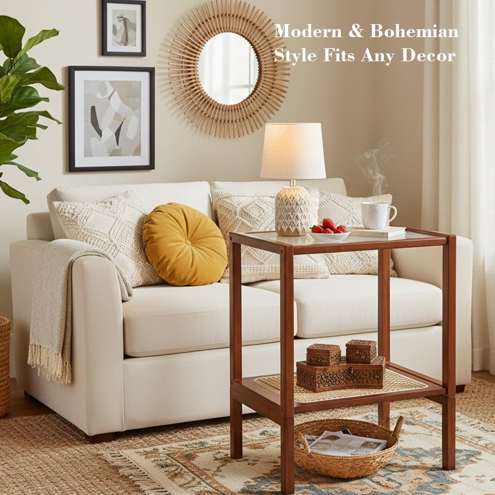 Tiita Rattan Coffee Table, Bamboo Accent Bedside Tables, Glass Nightstand Side Table, Boho Wooden End Table with Storage for Living Room,Living Room, Dining Room, Tea, Home Décor Gronata
