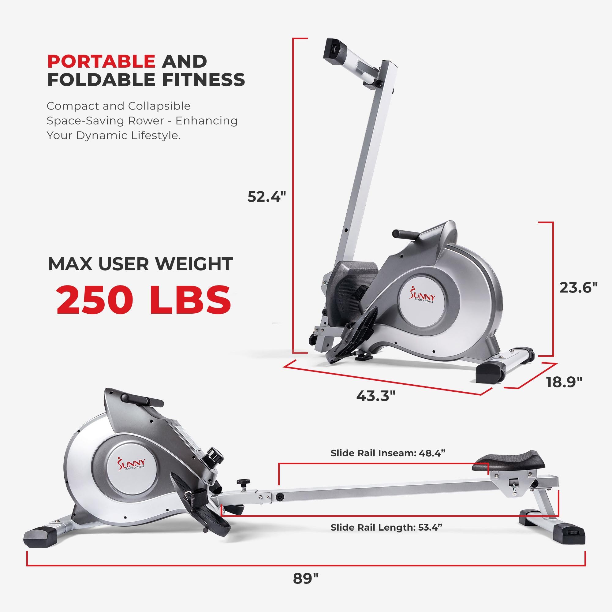 Sunny Health & Fitness Flip & Foldable Rowing Machine for Home w/Extended Slide Rail, Full-Body Workout, Low-Impact, Optional Extra Long Rail, Quiet Rail Cover, Water Motion and Free SunnyFit App Gronata