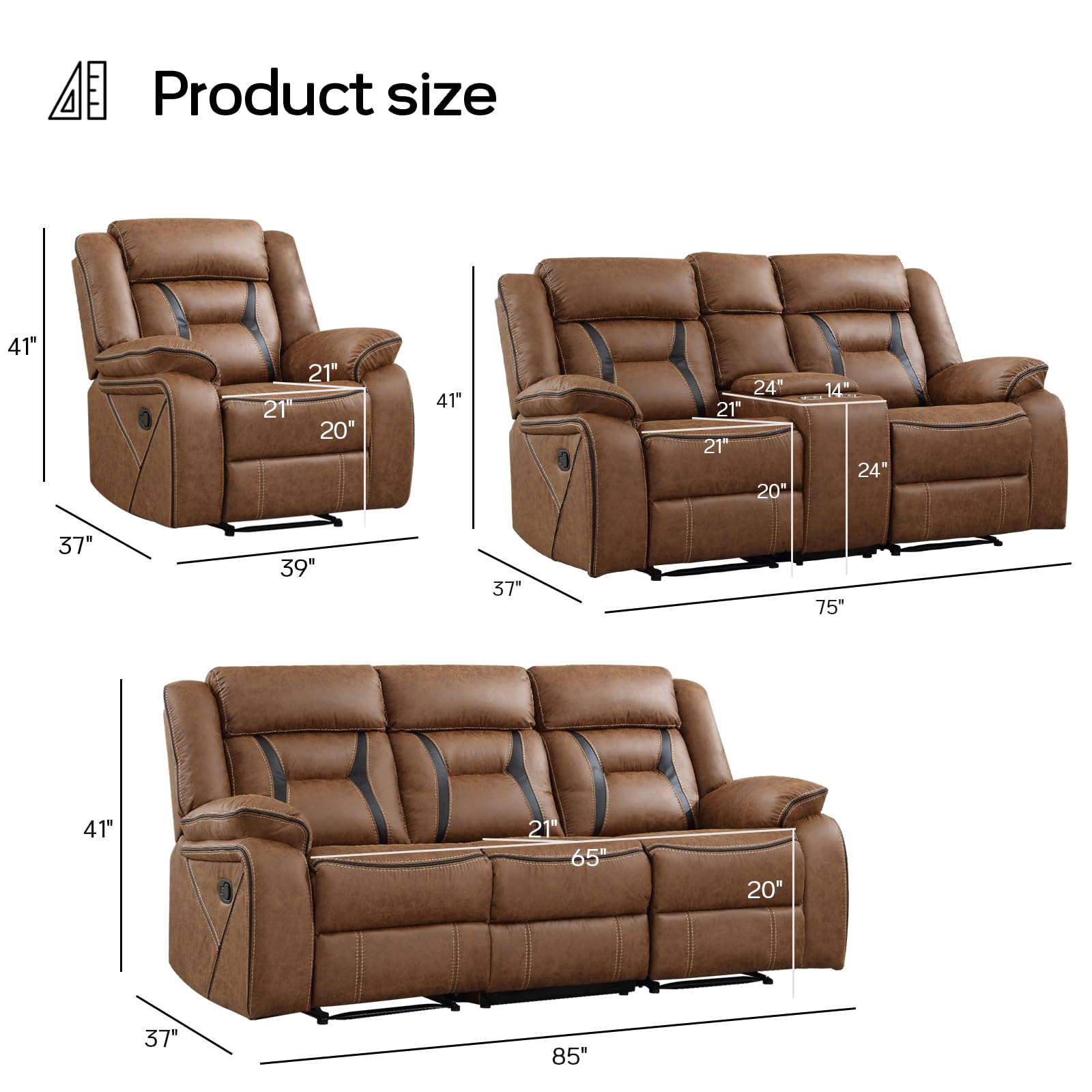 EBELLO Faux Leather Recliner Sofa Furniture Set for Living Room, 2 Recliner Chairs, 3 Seat Reclining Sofa Couch Set for Meeting Room, Brown Gronata