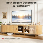 OneBlis 70" Mid Century Modern TV Stand, Wood TV Consoles with Sliding Doors and Power Outlet, Entertainment Center with Adjustable Shelves, Fluted TV Stands for Living Room, Walnut Gronata