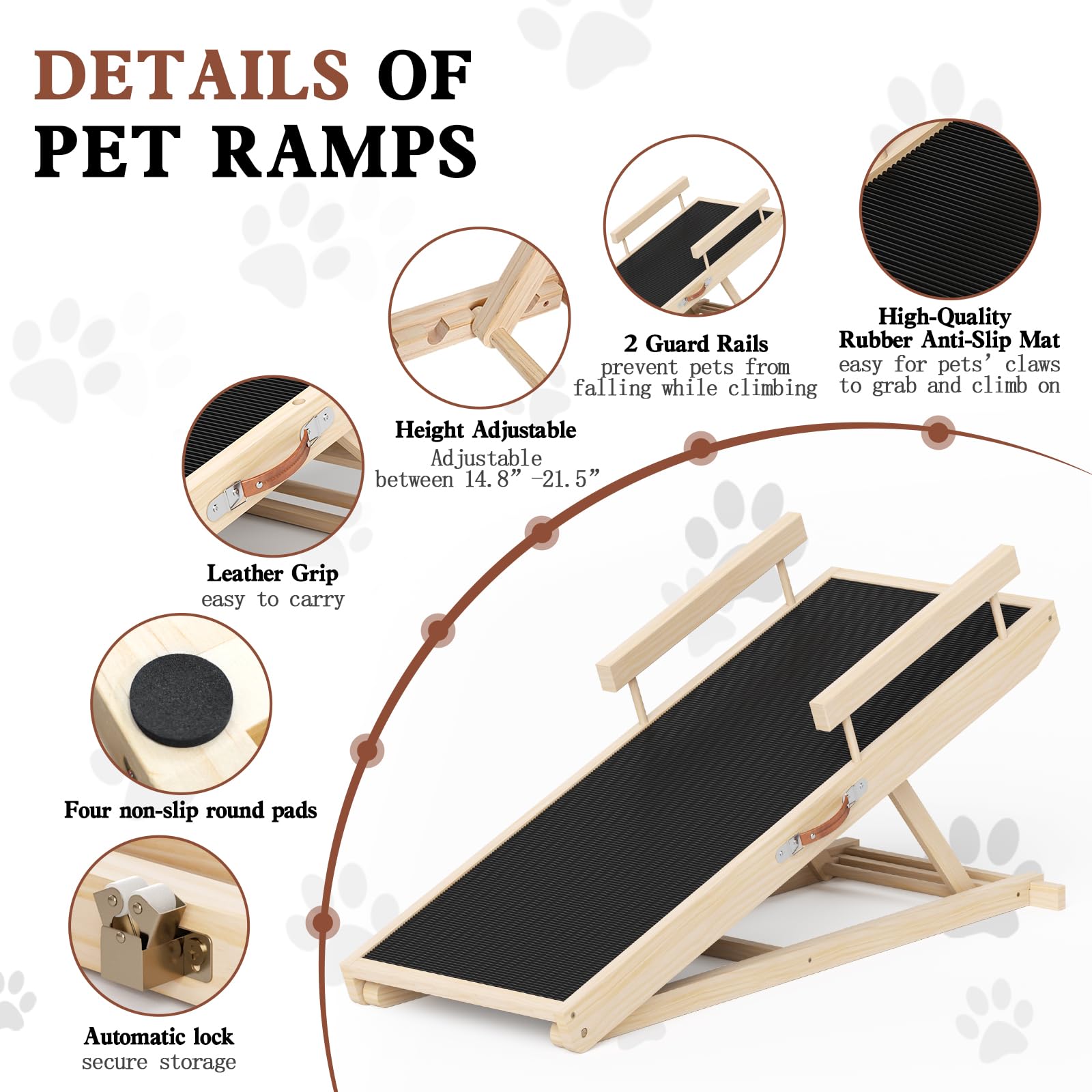 Chuiendi Dog Ramp for High Bed, Couch, Car, Pet Ramps 55.12" Long Adjustable 19.3"-27.17" Wooden Dog Step with Anti-slip Rubber Mat & Safety Side Rails for Small Medium Large Older Pets, up to 250 lbs Gronata
