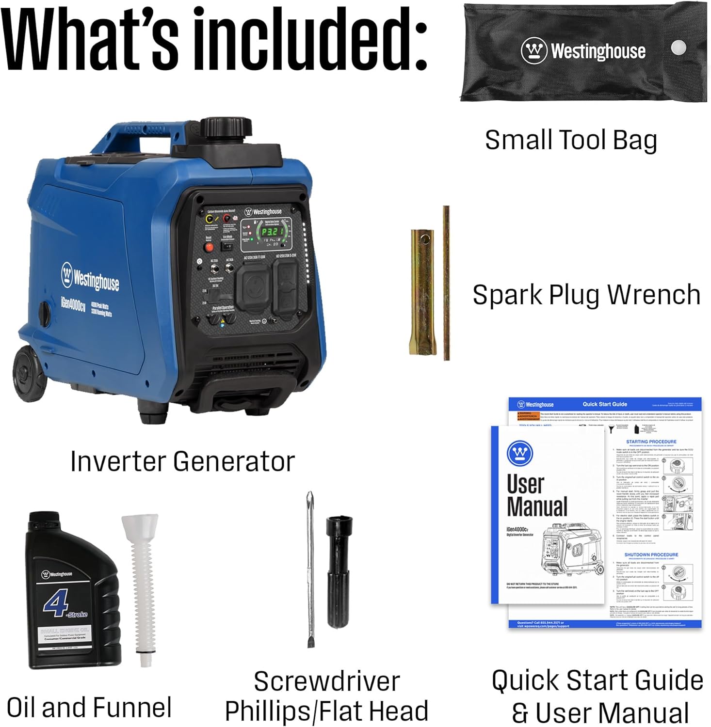 Westinghouse 4000 Peak Watt Super Quiet Portable Inverter Generator, Wheel & Handle Kit, RV Ready 30A Outlet, Gas Powered, CO Sensor, Parallel Capable Gronata