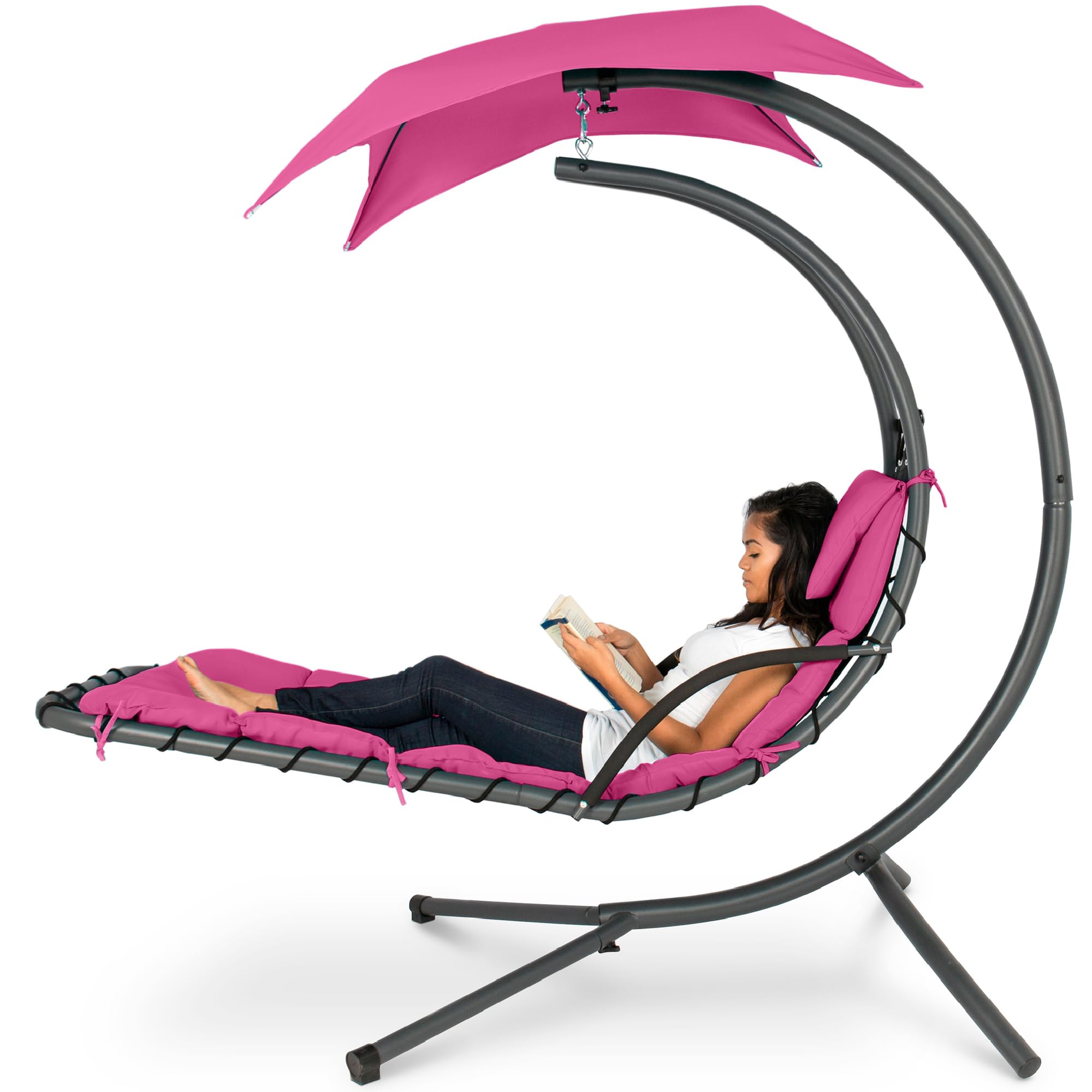 Best Choice Products Outdoor Hanging Curved Steel Chaise Lounge Chair Swing w/Built-in Pillow and Removable Canopy - Navy Blue Gronata