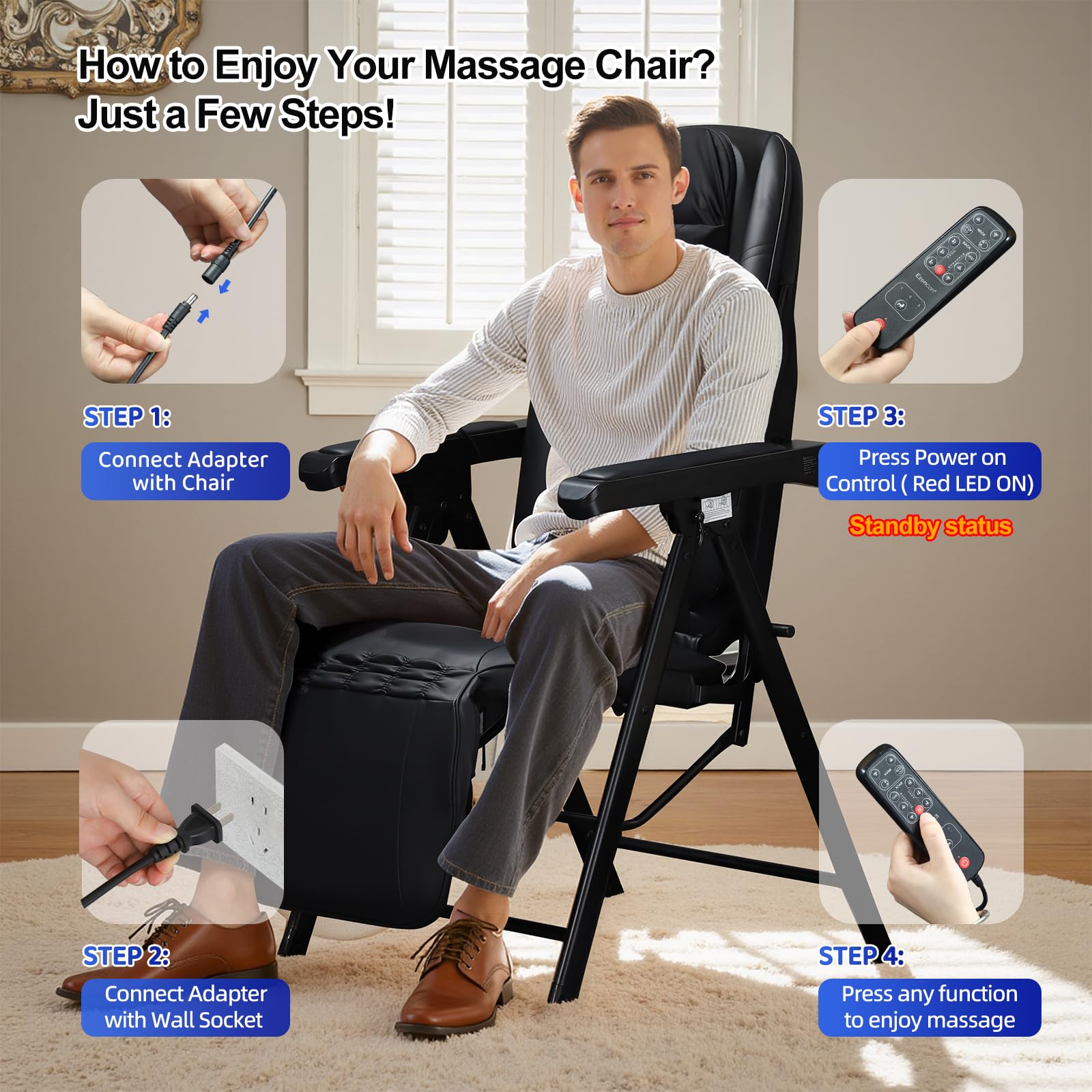 Ezencon Foldable Electric Massage Chair with Heat, Shiatsu, Kneading, Vibration, Full Body Relaxation, Adjustable Backrest & Neck Height,for Dad Mom Women Men Gronata