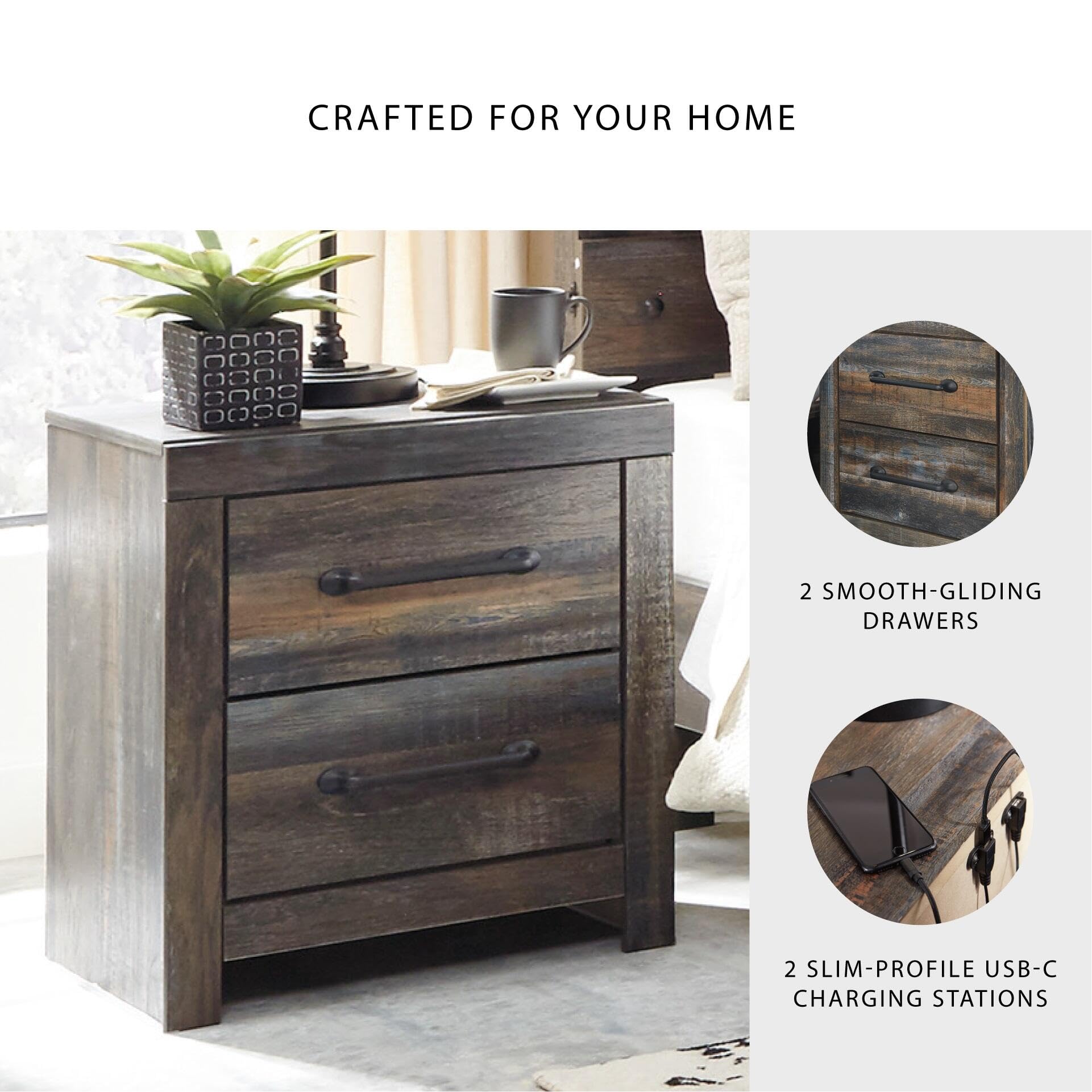 Signature Design by Ashley Wynnlow Rustic 2 Drawer Two Drawer Nightstand, 24.41" Tall, Weathered Gray Gronata