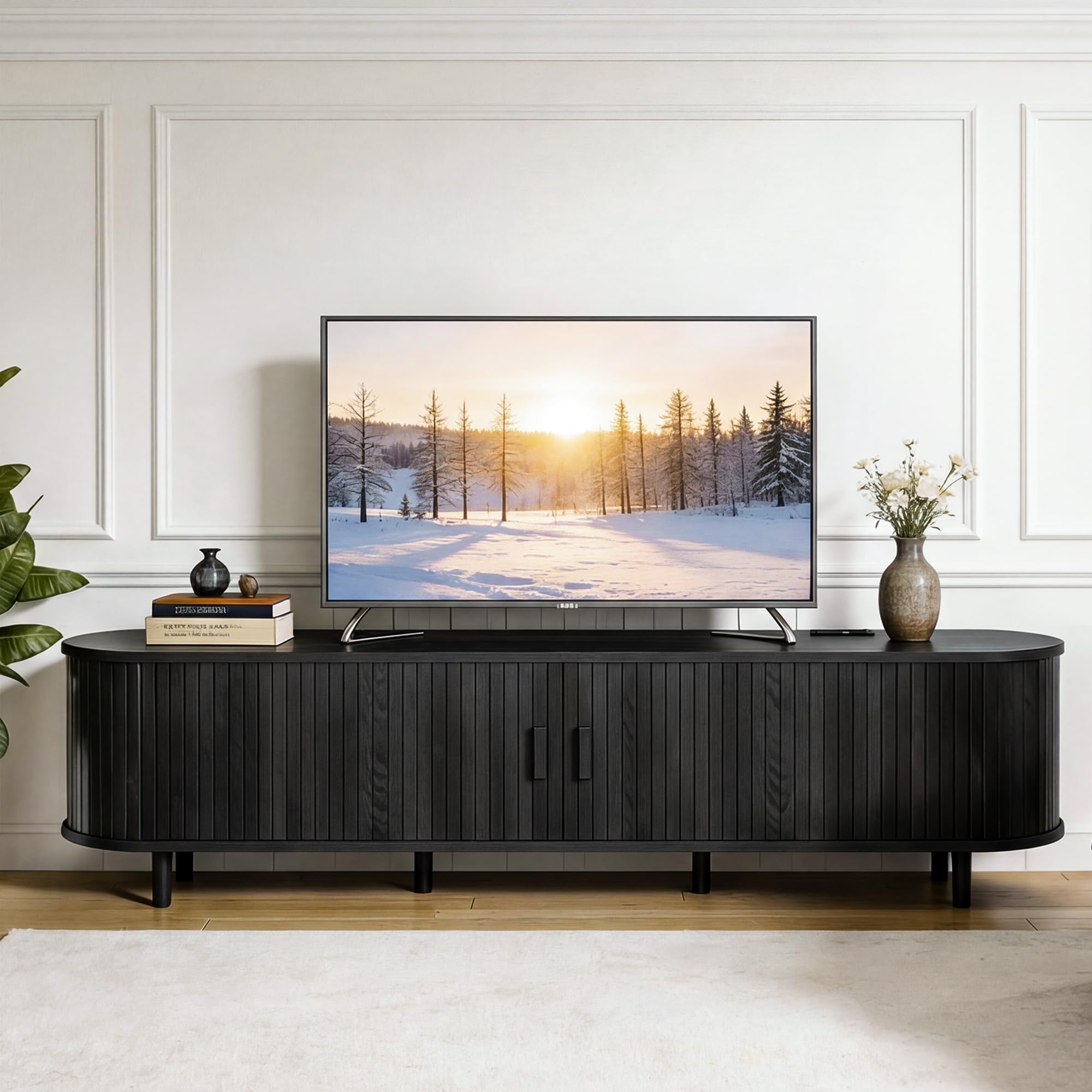 OneBlis 70" Mid Century Modern TV Stand, Wood TV Consoles with Sliding Doors and Power Outlet, Entertainment Center with Adjustable Shelves, Fluted TV Stands for Living Room, Walnut Gronata