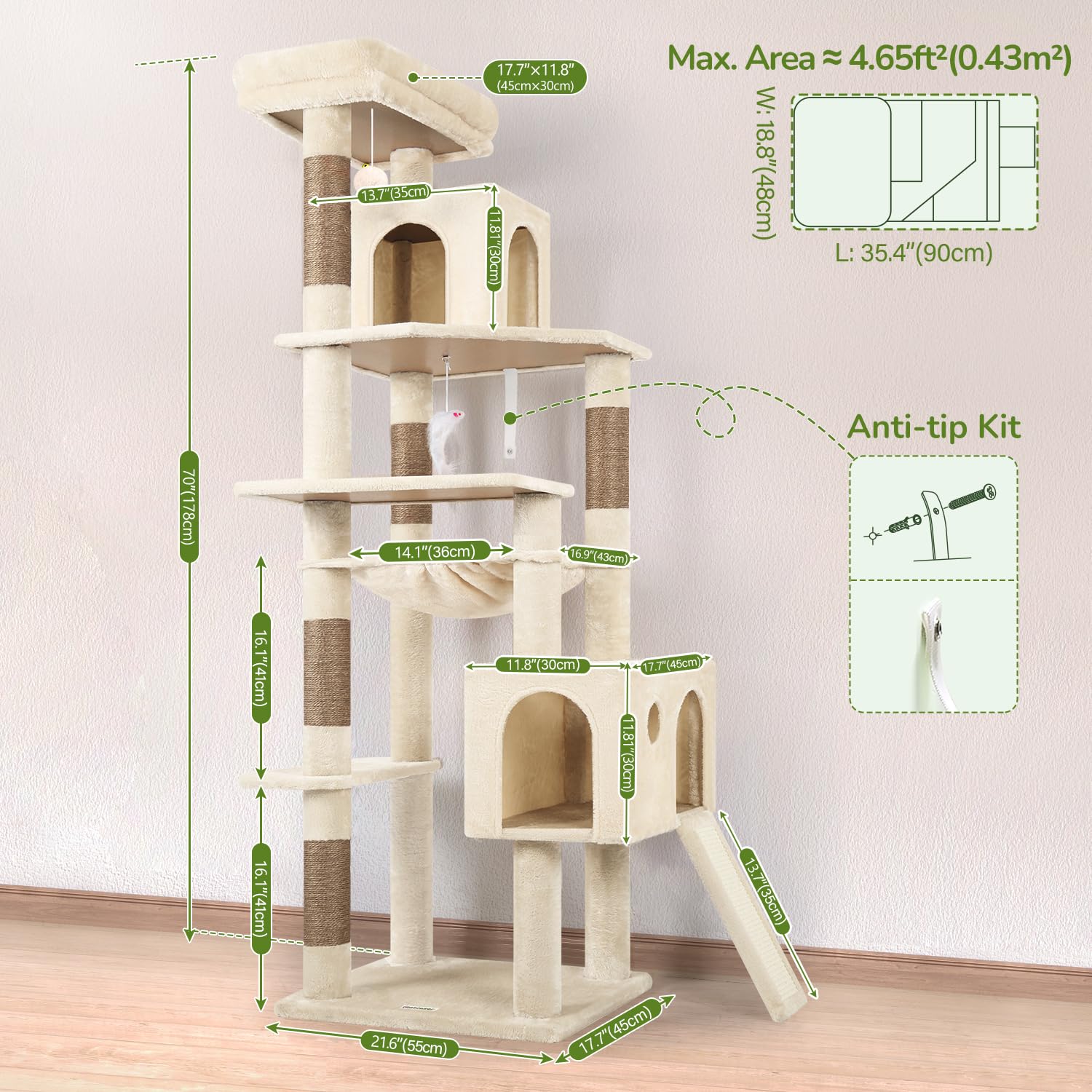 Globlazer Heavy Duty Cat Tree, 70 inch Sturdy Cat Tree for Indoor Cats Extra Large Cat Tower with Scratching Post, Hammock, Cat Condo for Adult Cats Kittens, F70 Pro, Light Grey Gronata
