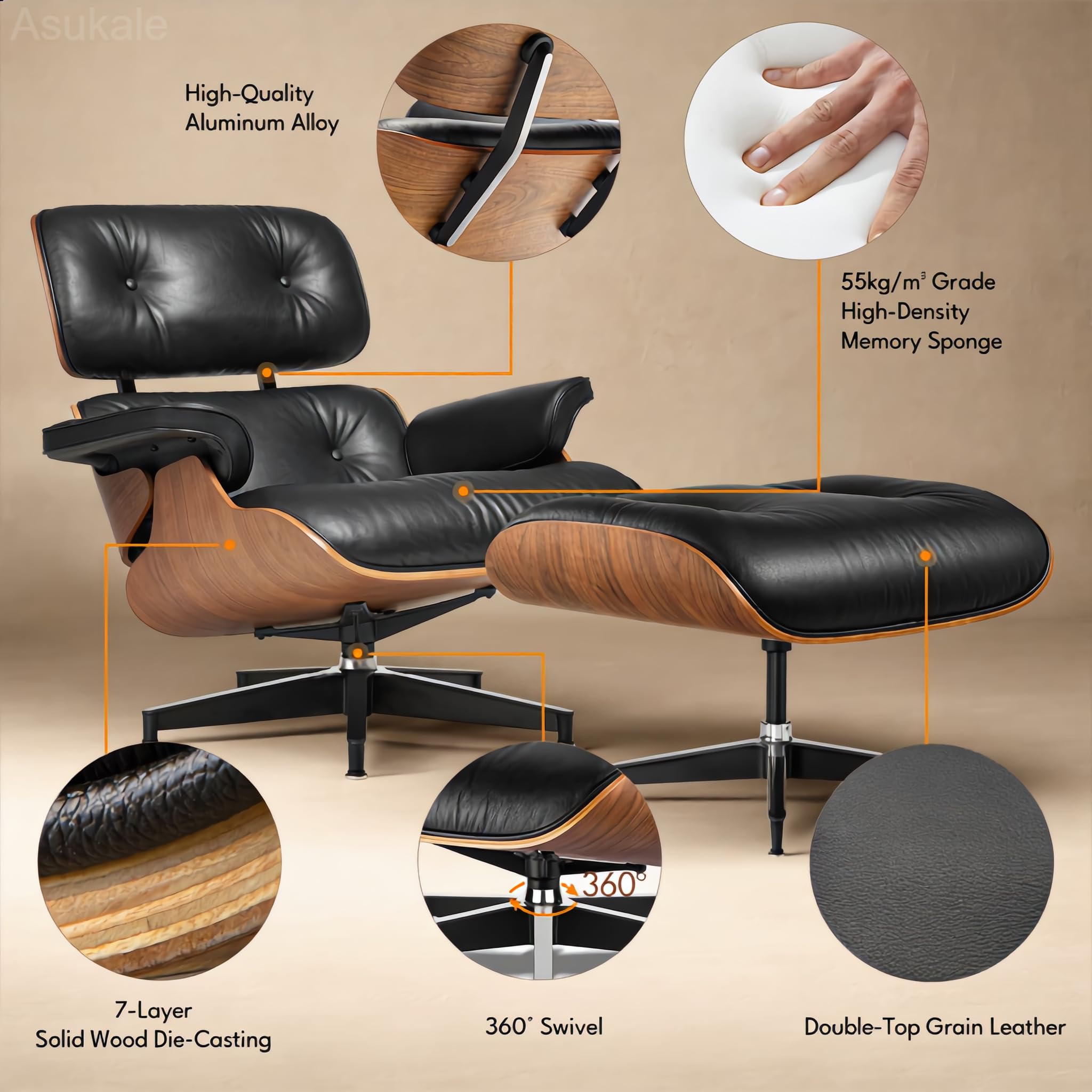 Asukale Top Grain Leather, Mid Century Chaise Lounge Chair and Ottoman, Modern Chair Classic Design, Heavy Duty Base Support for Living Room Study Lounge Office, Palisander-White Gronata