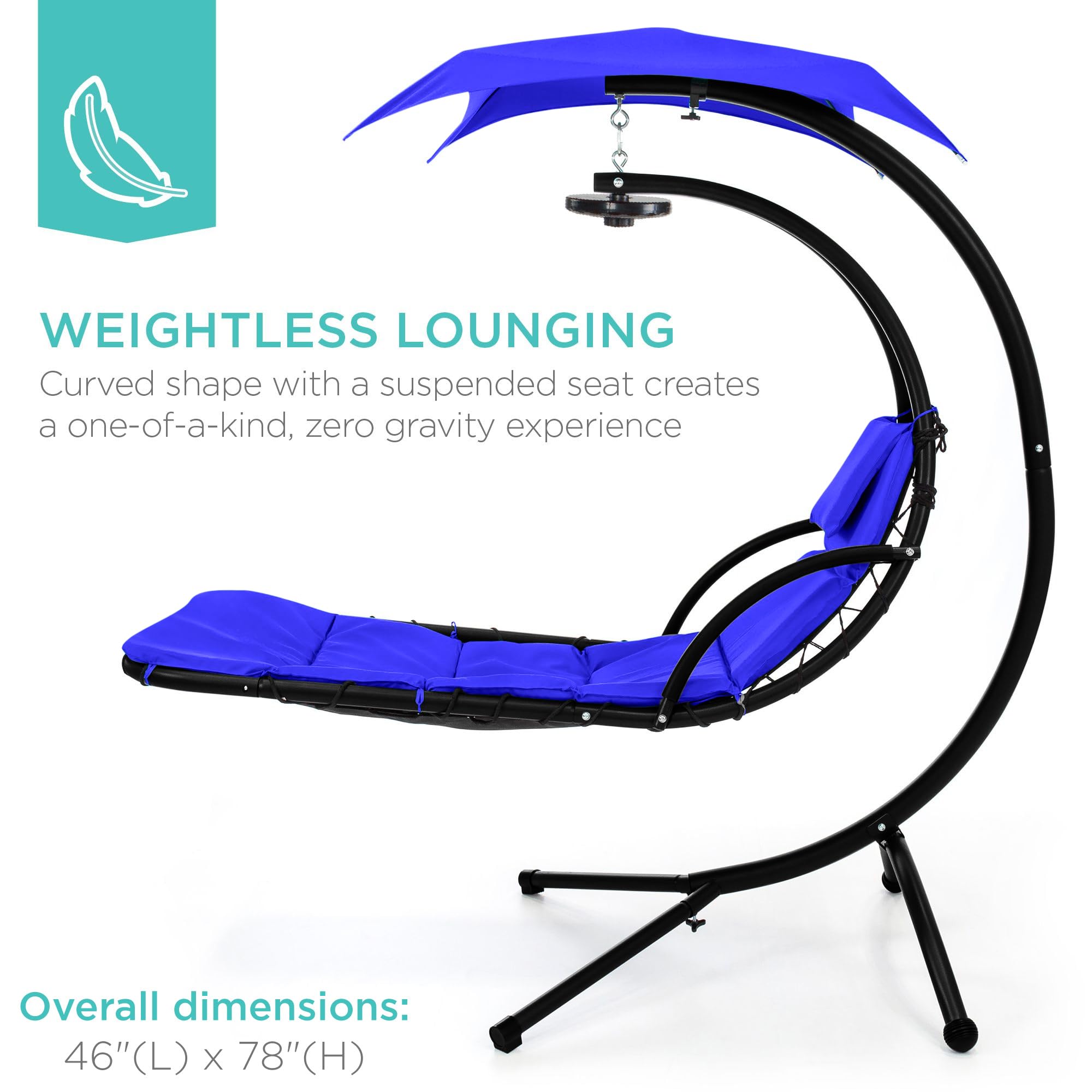 Best Choice Products Outdoor Hanging Curved Steel Chaise Lounge Chair Swing w/Built-in Pillow and Removable Canopy - Navy Blue Gronata